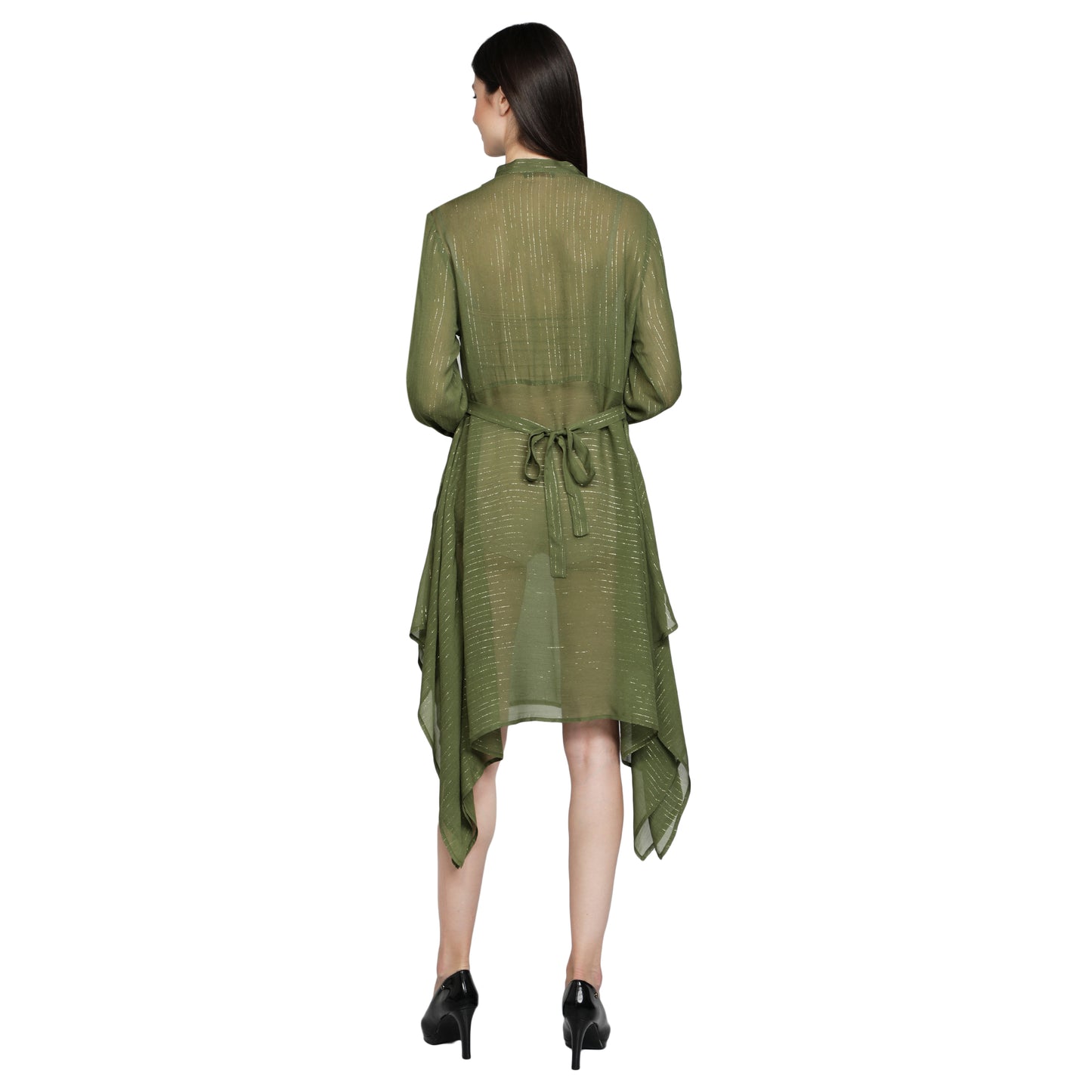 wrap_around_dress Tie_up_dress Ruffle_dress printed_green_dress Long_sleeves_dresses Green_Printed_dress Green__v_neck_dress dress_for_women Cotton_womens_dress Cotton_v_neck_dress Clovers_Print Below_Knee_dress