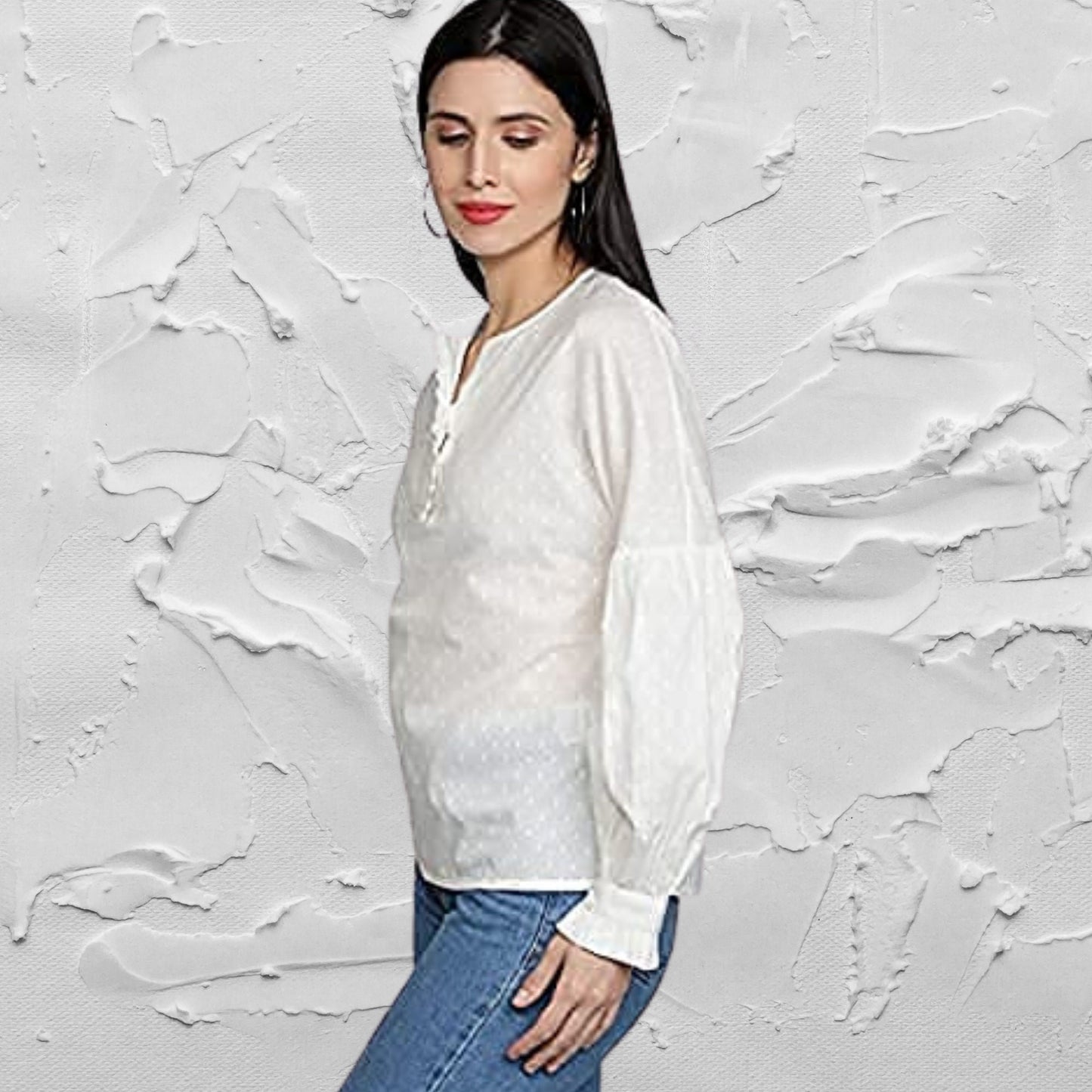 Women's_Casual_Shirt White_Cotton_Top Round_Neck_Top Long_Sleeves_Top Long_Sleeves_Shirt Lantern_Sleeves For_her_Top For_her_clothing Cotton_Dobby_Blouse Casual_women's_Top Button_Down_Shirt Button_Blouse