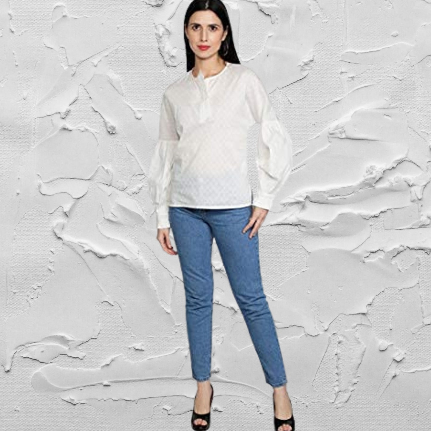 Women's_Casual_Shirt White_Cotton_Top Round_Neck_Top Long_Sleeves_Top Long_Sleeves_Shirt Lantern_Sleeves For_her_Top For_her_clothing Cotton_Dobby_Blouse Casual_women's_Top Button_Down_Shirt Button_Blouse