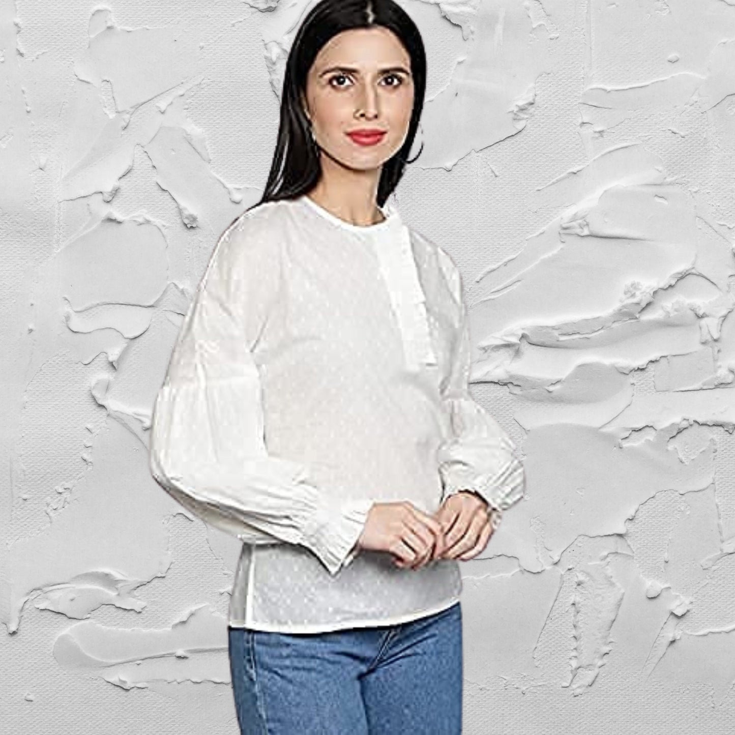 Women's_Casual_Shirt White_Cotton_Top Round_Neck_Top Long_Sleeves_Top Long_Sleeves_Shirt Lantern_Sleeves For_her_Top For_her_clothing Cotton_Dobby_Blouse Casual_women's_Top Button_Down_Shirt Button_Blouse