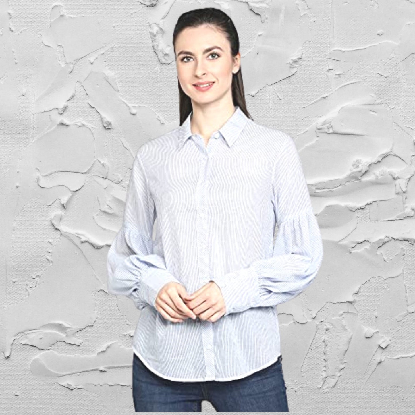 Women's_Casual_Shirt White_Cotton_Top Round_Neck_Top Long_Sleeves_Top Long_Sleeves_Shirt Lantern_Sleeves For_her_Top For_her_clothing Cotton_Dobby_Blouse Casual_women's_Top Button_Down_Shirt Button_Blouse