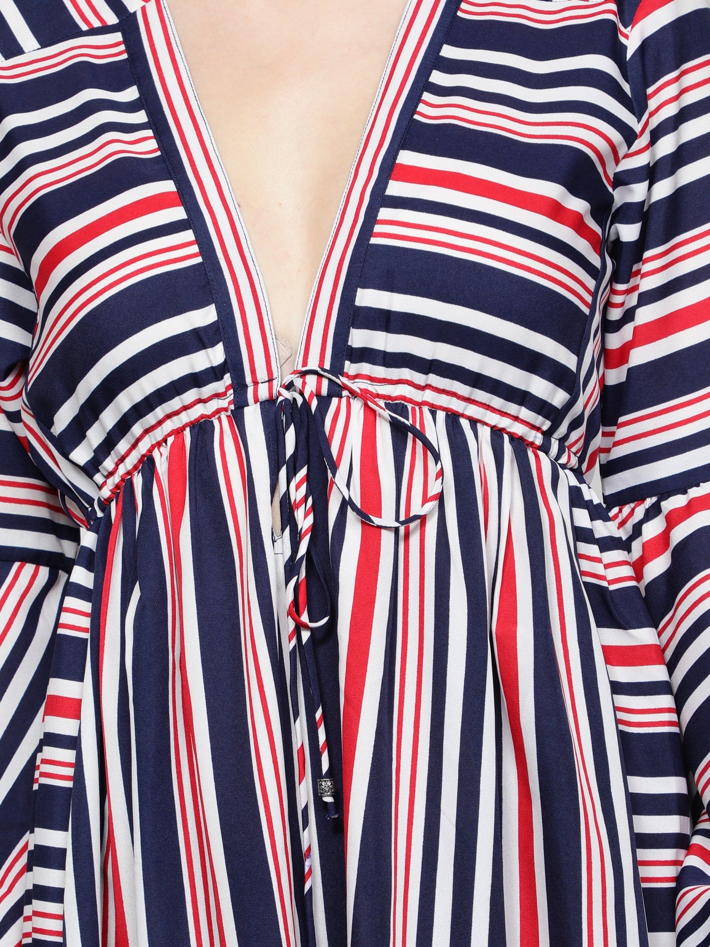 women_dresses women's_dress red_stripes_dress polyester_dress midi_dress long_puff_sleeves long_dress gift_for_her flair_dress dress_for_women designer_dress Deep_V_sexy_neck
