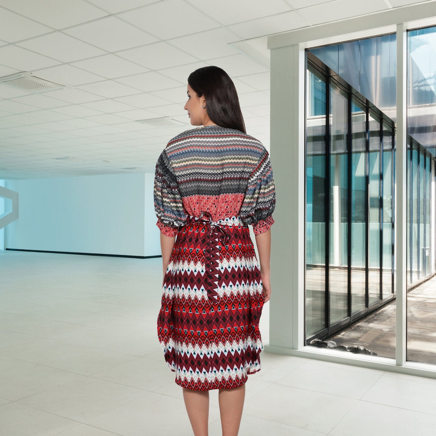 women's_dress Tie_up_neck Red_printed_dress Polyester_dress pocket_dress_women multi_colored_dress Half_sleeves_dress dress_for_women designer_dress back_tie_dress all_season_dress All_occasion_dress