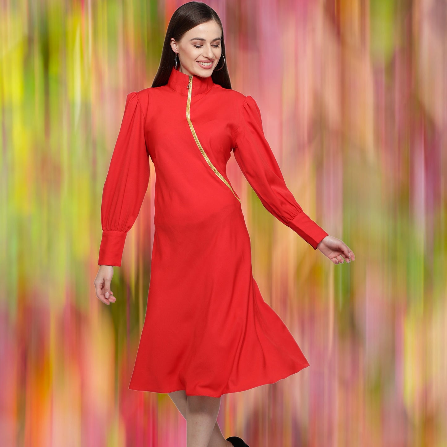 women's_red_dress Red_women_dress polyester_dress Long_sleeves_dress Golden_zipper_dress for_her_gift dress_for_women designer_red_dress Below_knee_dress Beautiful_red_dress Band_collar_dress