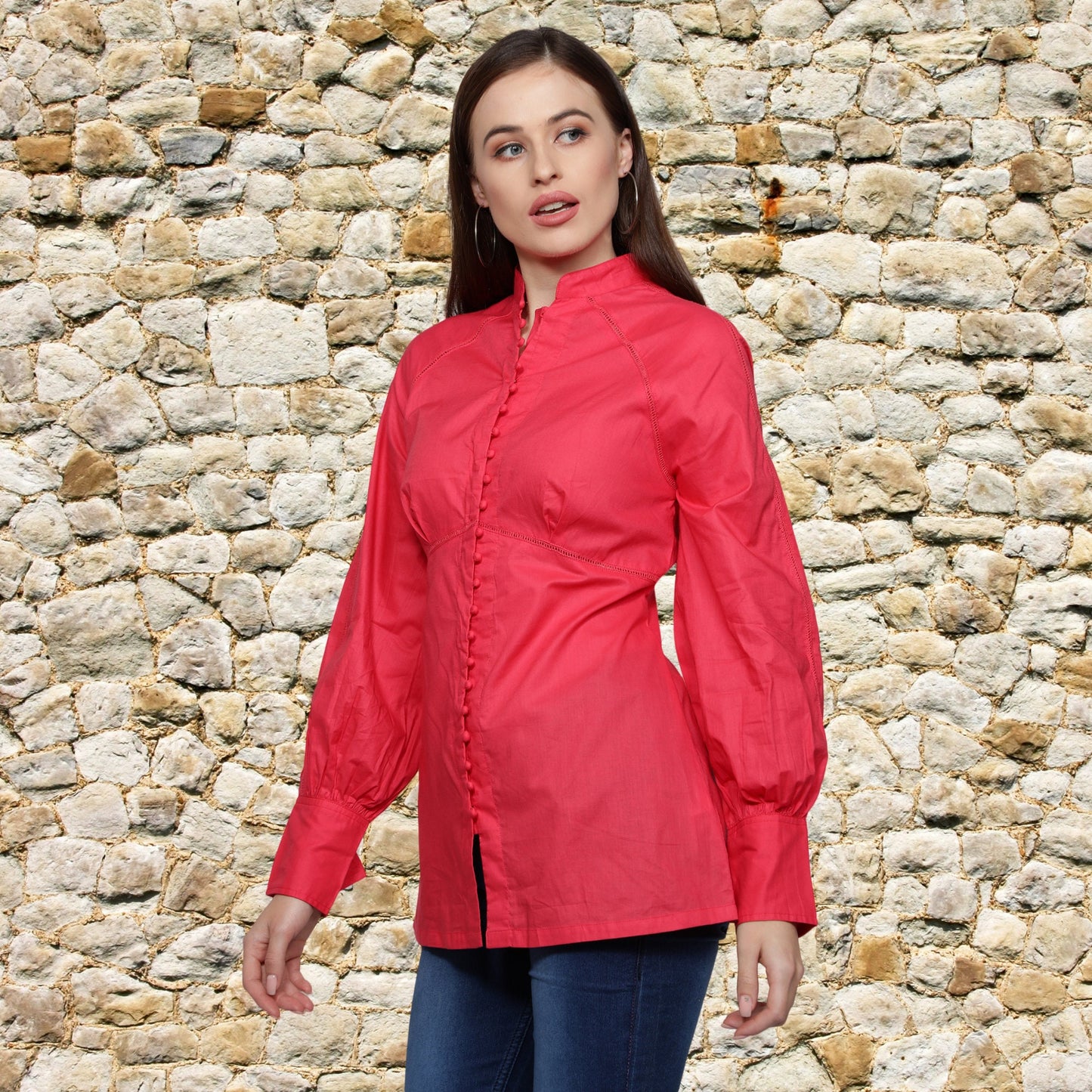 Stylish_cuff_Top Long_Top Long_Sleeves_Top Lace_Top Hook_and_Eye_Blouse Fuchsia_Top Designer_Top Designer_blouse Cotton_solid Boutique_Design Beautiful_Blouse Band_collar_Top