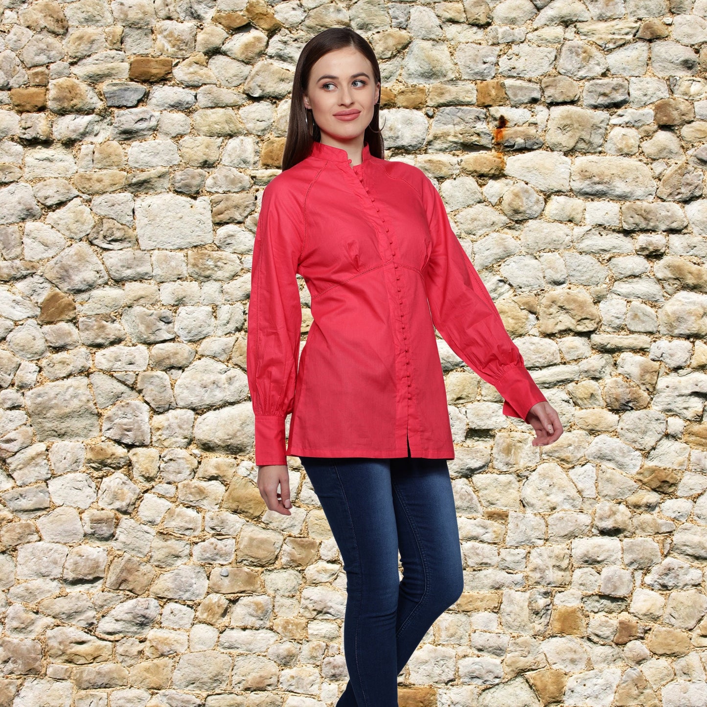 Stylish_cuff_Top Long_Top Long_Sleeves_Top Lace_Top Hook_and_Eye_Blouse Fuchsia_Top Designer_Top Designer_blouse Cotton_solid Boutique_Design Beautiful_Blouse Band_collar_Top