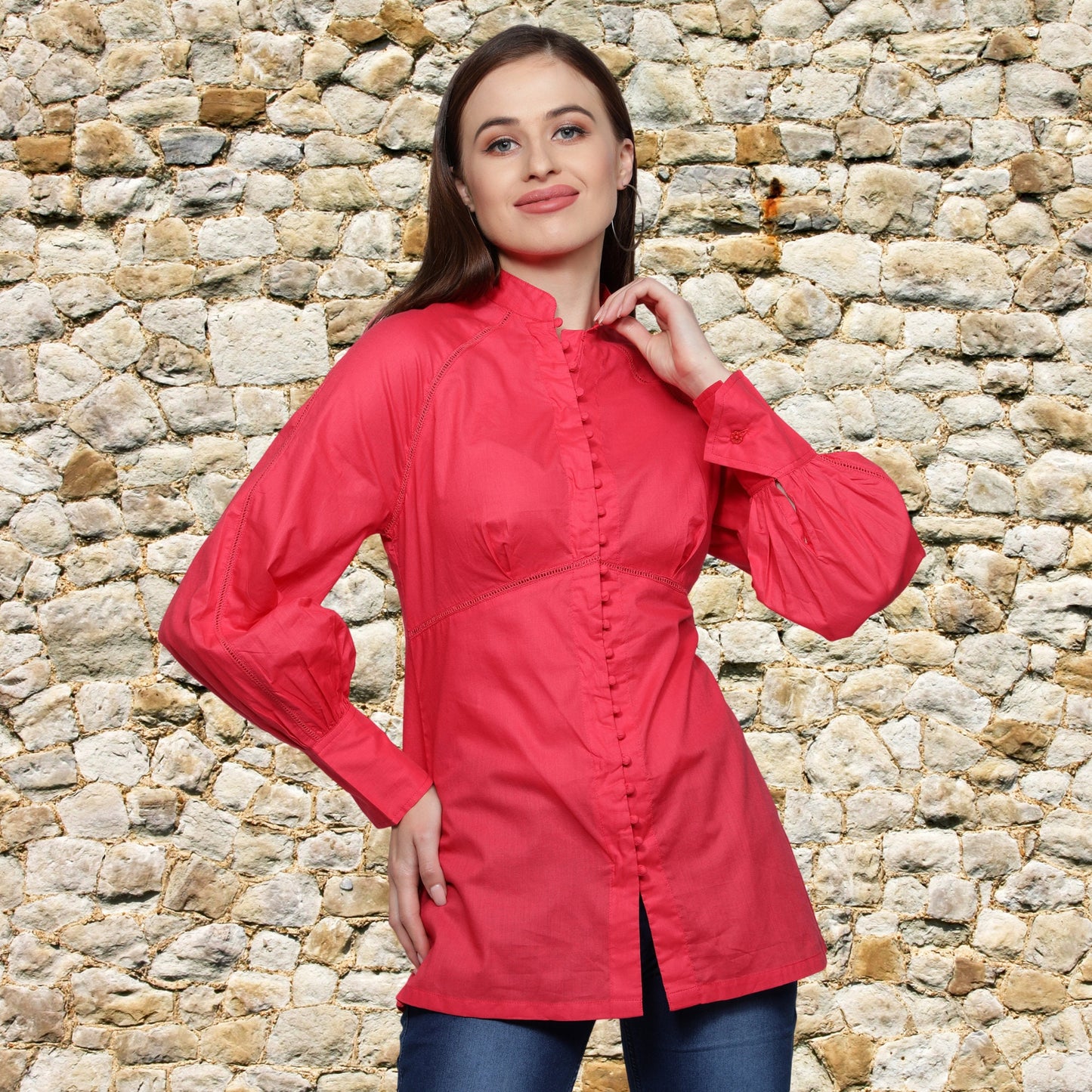Stylish_cuff_Top Long_Top Long_Sleeves_Top Lace_Top Hook_and_Eye_Blouse Fuchsia_Top Designer_Top Designer_blouse Cotton_solid Boutique_Design Beautiful_Blouse Band_collar_Top