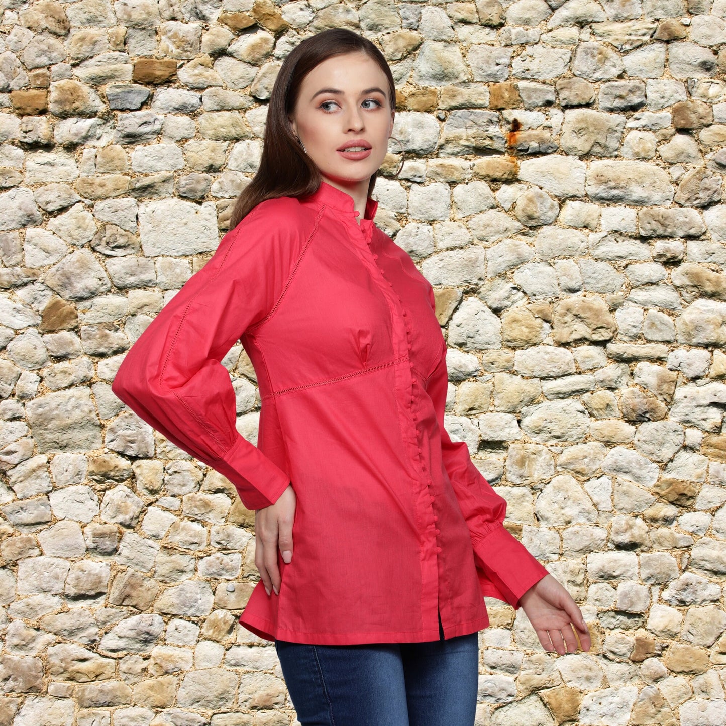 Stylish_cuff_Top Long_Top Long_Sleeves_Top Lace_Top Hook_and_Eye_Blouse Fuchsia_Top Designer_Top Designer_blouse Cotton_solid Boutique_Design Beautiful_Blouse Band_collar_Top