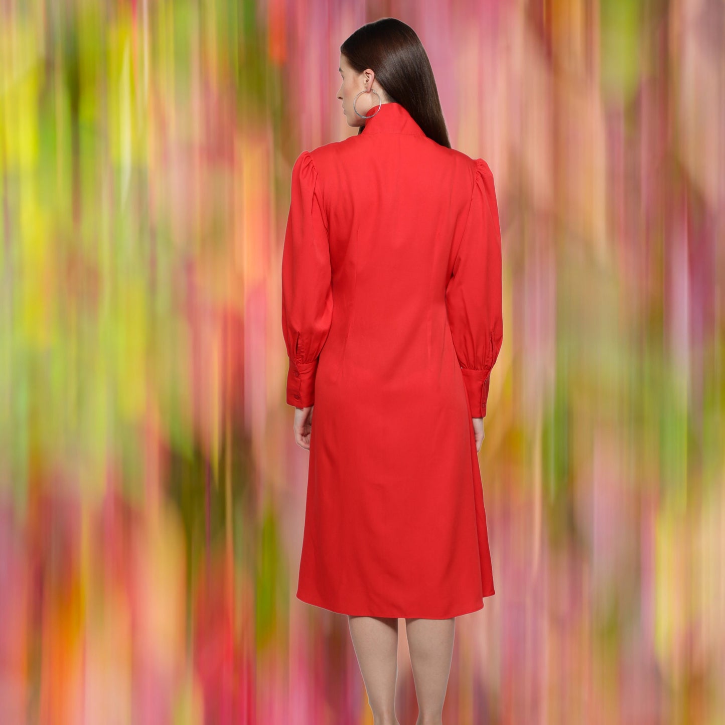 women's_red_dress Red_women_dress polyester_dress Long_sleeves_dress Golden_zipper_dress for_her_gift dress_for_women designer_red_dress Below_knee_dress Beautiful_red_dress Band_collar_dress