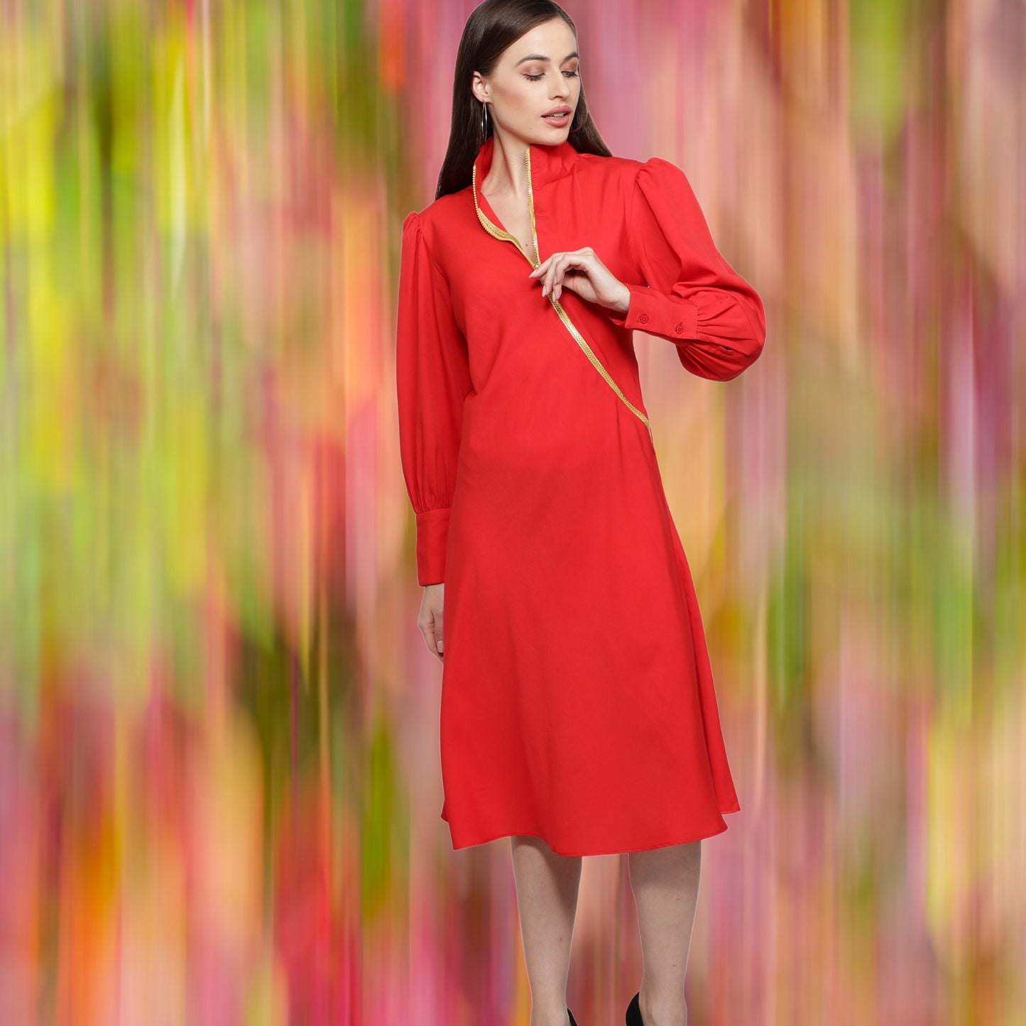 women's_red_dress Red_women_dress polyester_dress Long_sleeves_dress Golden_zipper_dress for_her_gift dress_for_women designer_red_dress Below_knee_dress Beautiful_red_dress Band_collar_dress