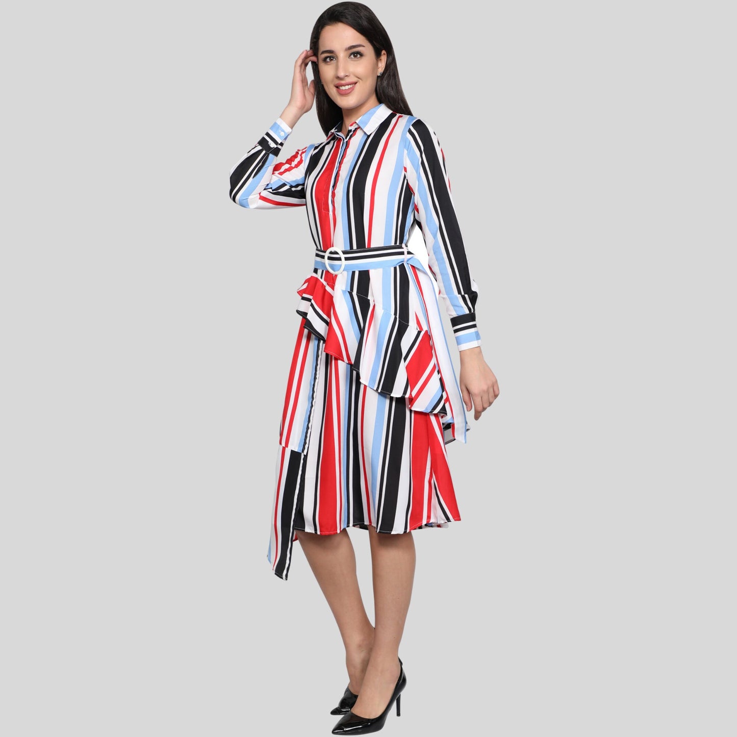 women_shirt_dress women_dresses Red_Stripes_Dress polyester_dress Long_sleeves_Dress gift_for_her dress_for_women Designer_women_dress colored_shirt_dress below_knee_dress beautiful_red_dress