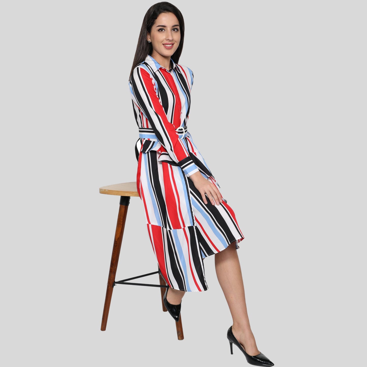 women_shirt_dress women_dresses Red_Stripes_Dress polyester_dress Long_sleeves_Dress gift_for_her dress_for_women Designer_women_dress colored_shirt_dress below_knee_dress beautiful_red_dress