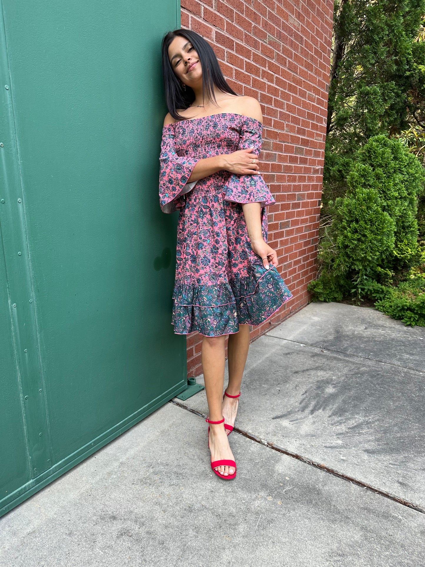 Joyce Dress off shoulder pink printed