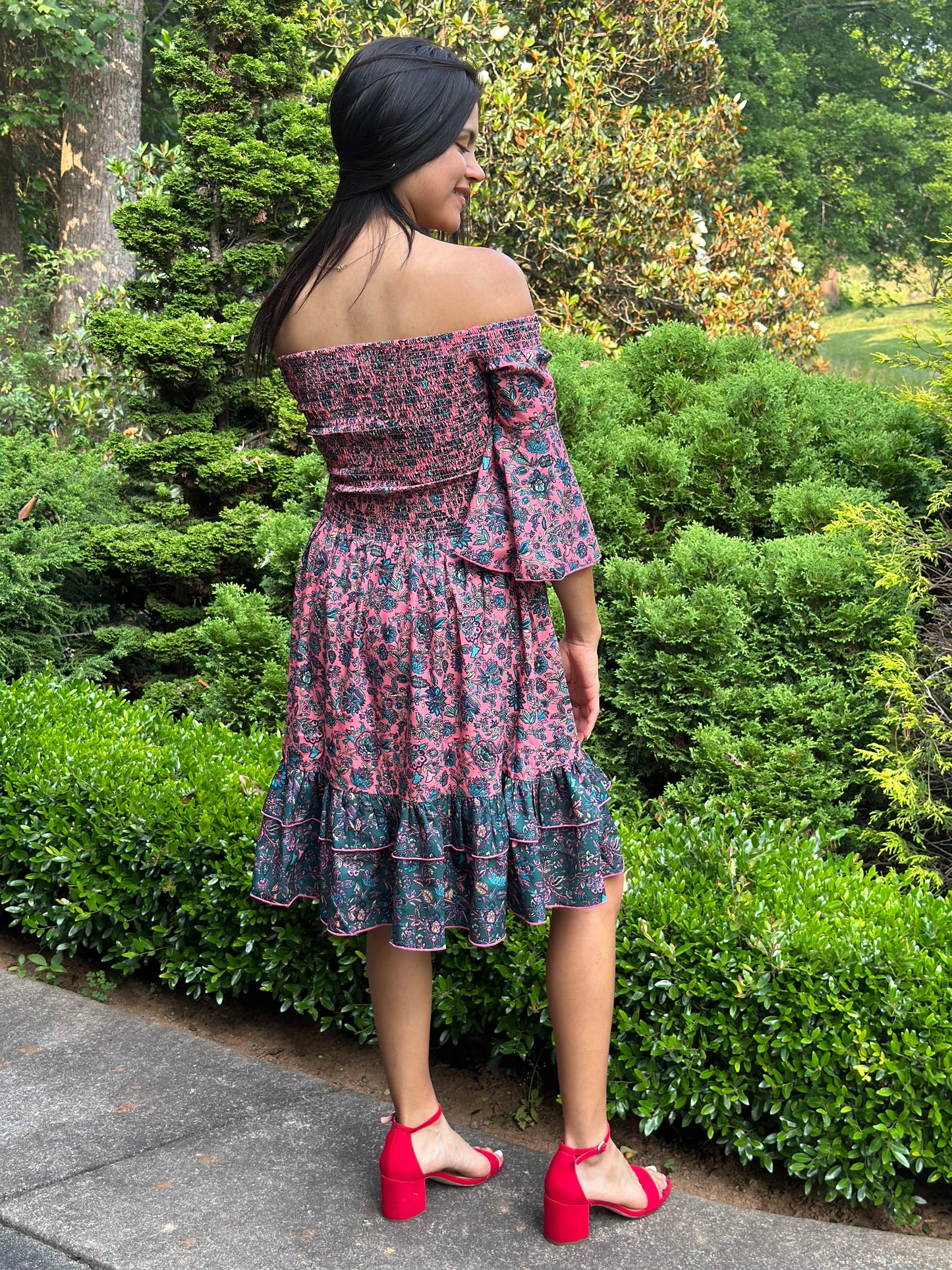 Joyce Dress off shoulder pink printed