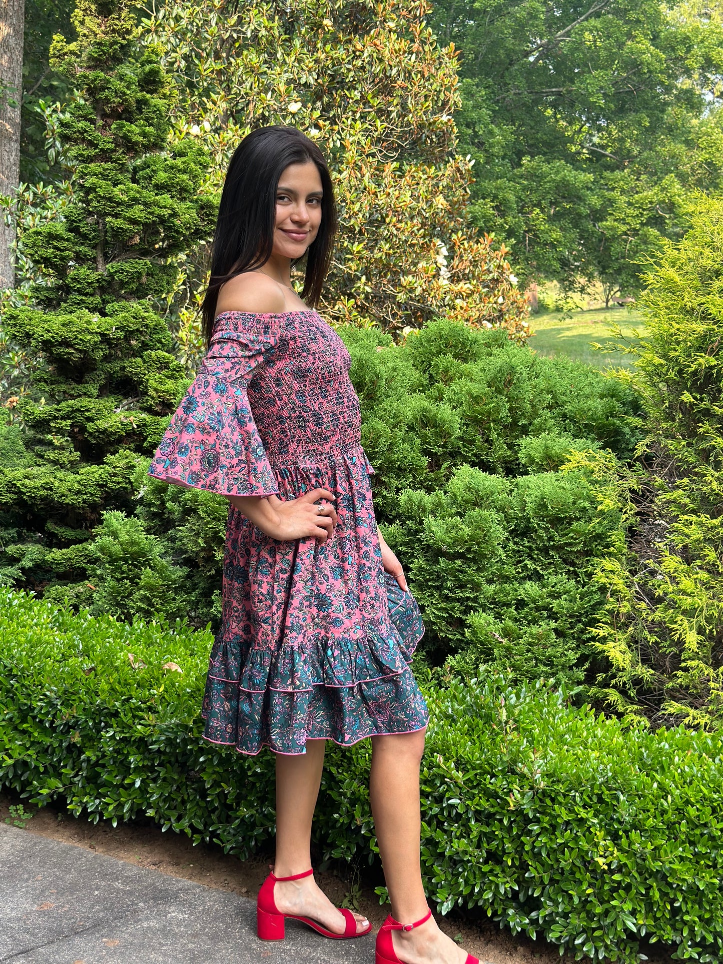 Joyce Dress off shoulder pink printed