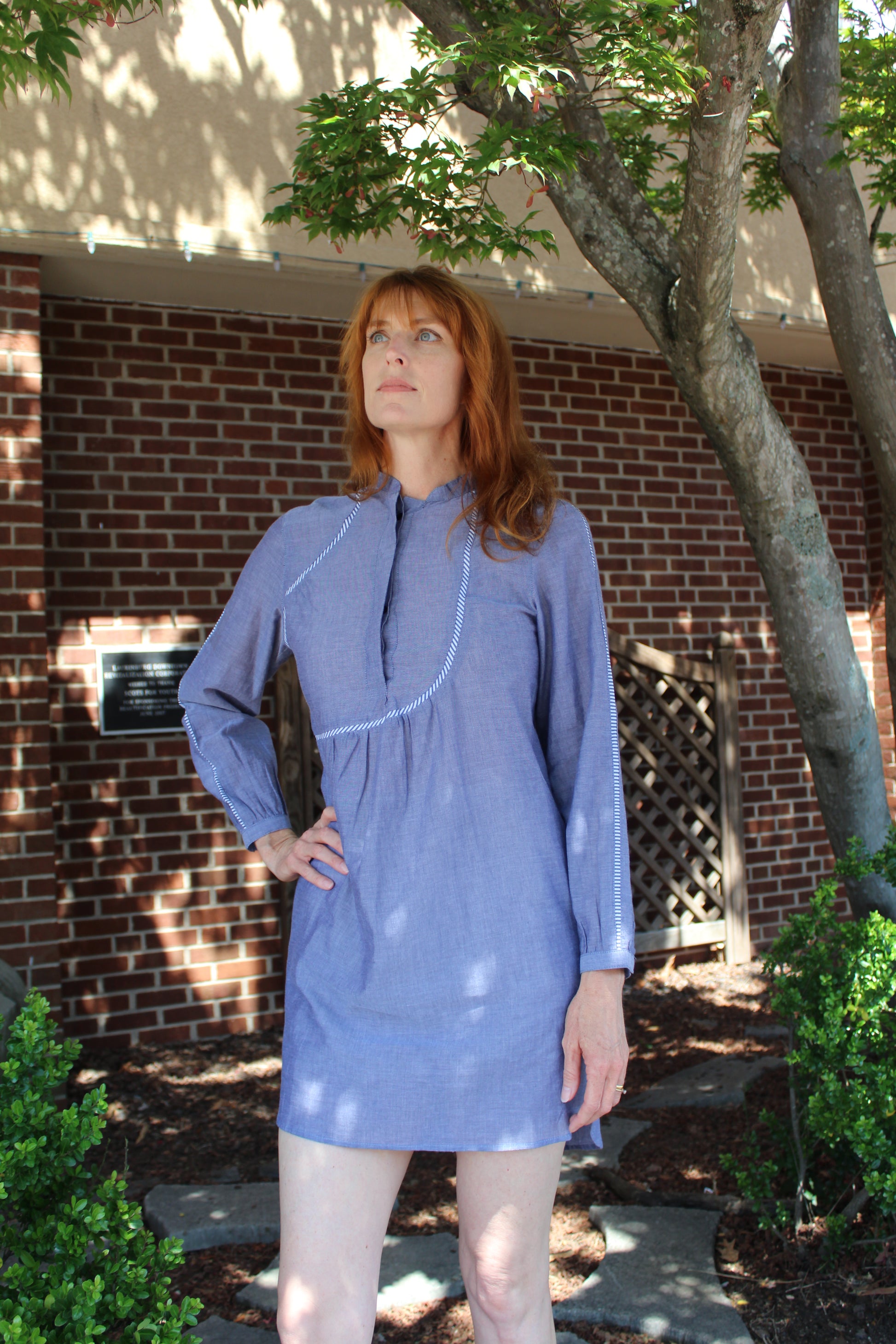 women's dress, blue chambray dress, long sleeves dress for women, cotton dress, designer dress, knee length dress, band collar dress for women, tape designed button women dress