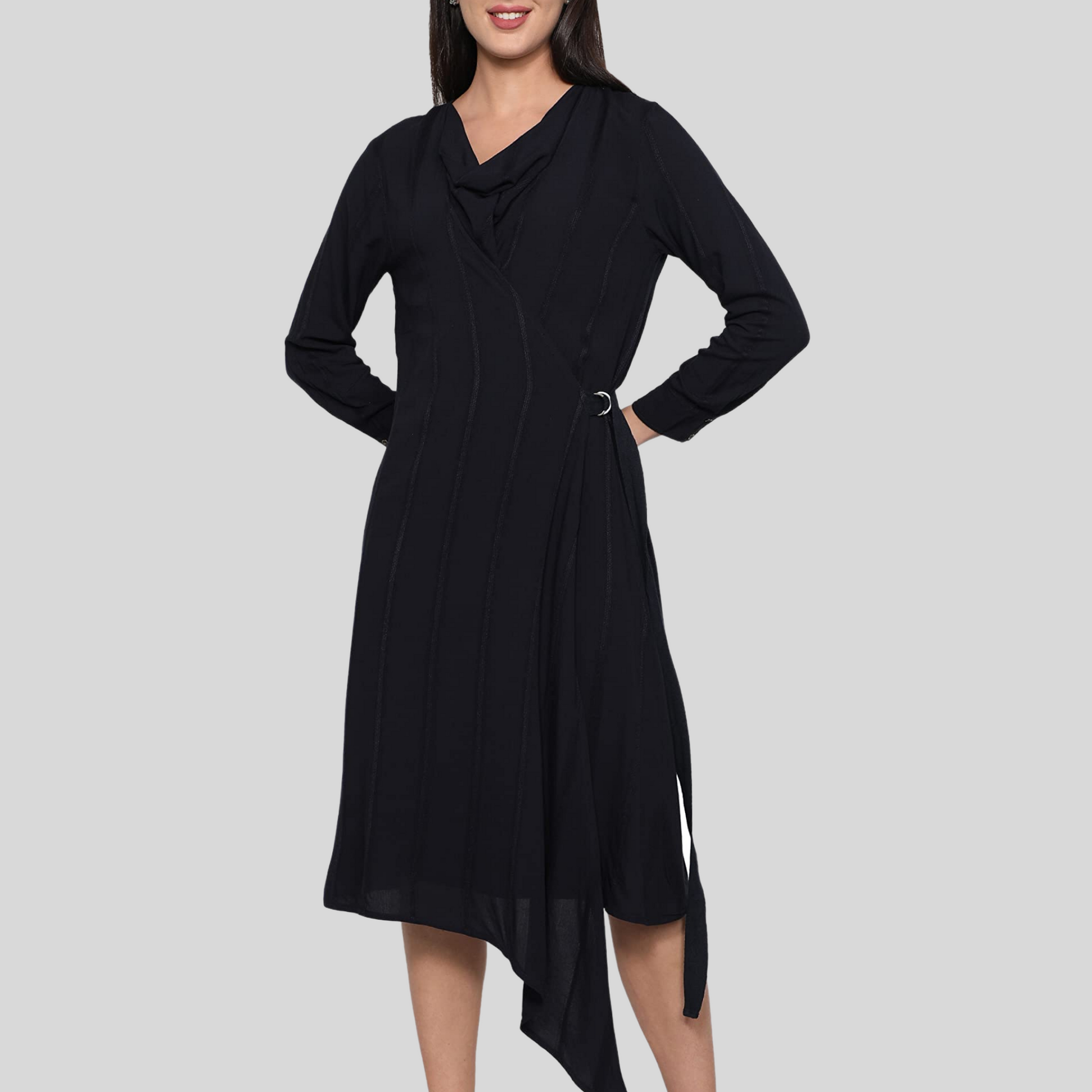 wrap_around_dress  women_dress  V_neck_cowl  stylish_black__dress  Long_sleeves_dress  dresses_for_women  Designer_dress  Cowl_neck_dress  Cotton_black_solid  black_dress  Black_cotton_dress  belt_black_dress  Asymmetrical_dress