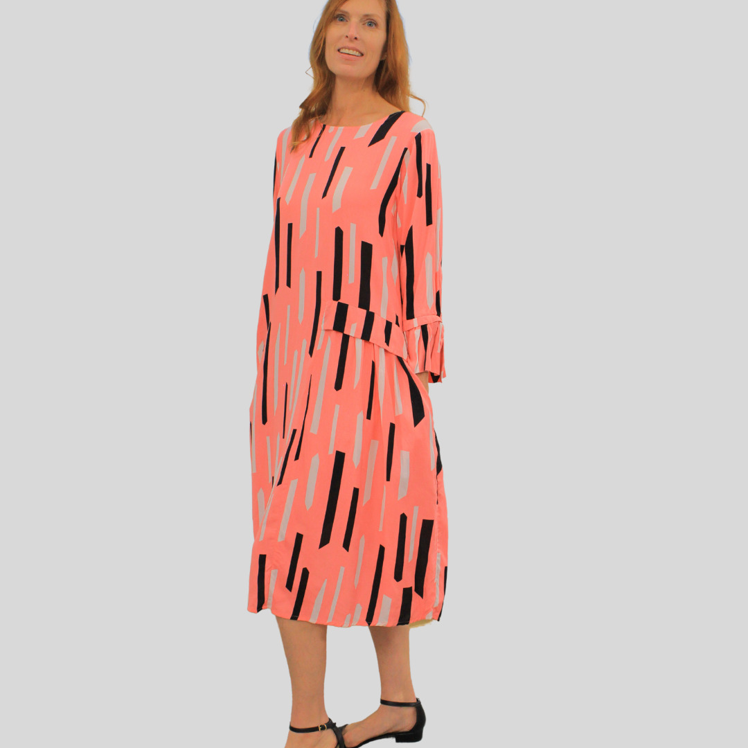 women's dress, pink printed dress, long sleeves dress for women, cotton dress, loose fit dress, invisible zipper dress