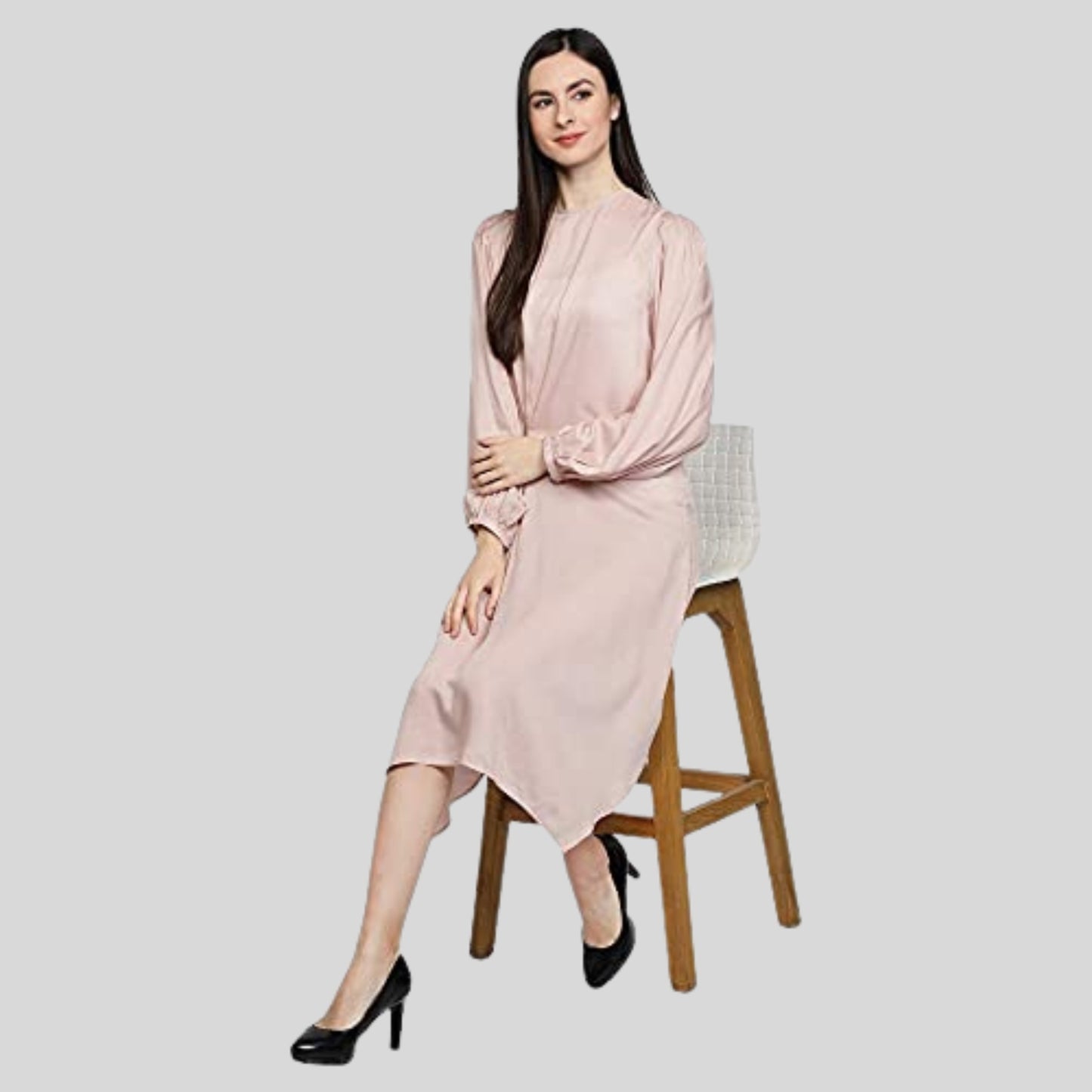 women's summer dress  Pink women dress  long_sleeves_dress  knee_length_dress  good_for_all_seasons  dresses_for_women