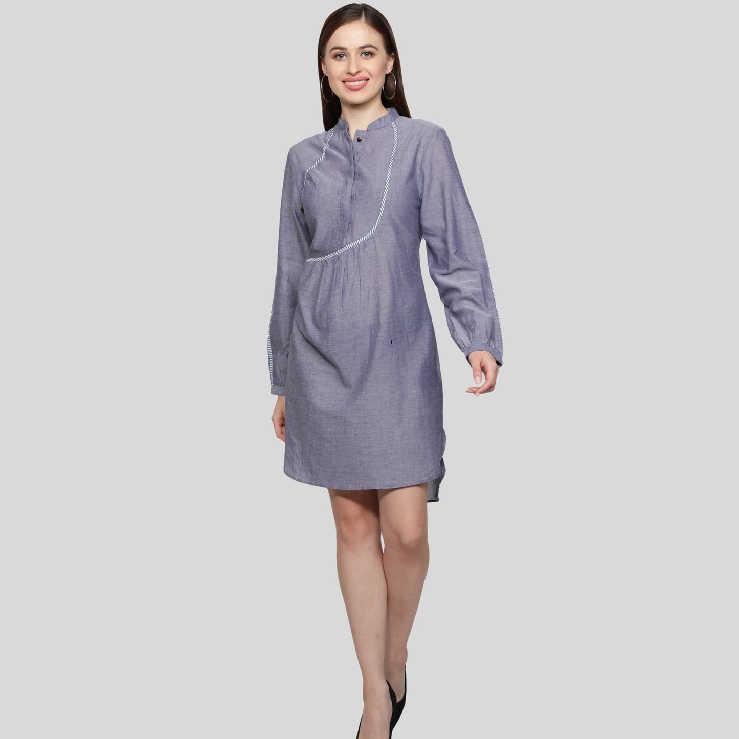 women's dress, blue chambray dress, long sleeves dress for women, cotton dress, designer dress, knee length dress, band collar dress for women, tape designed button women dress