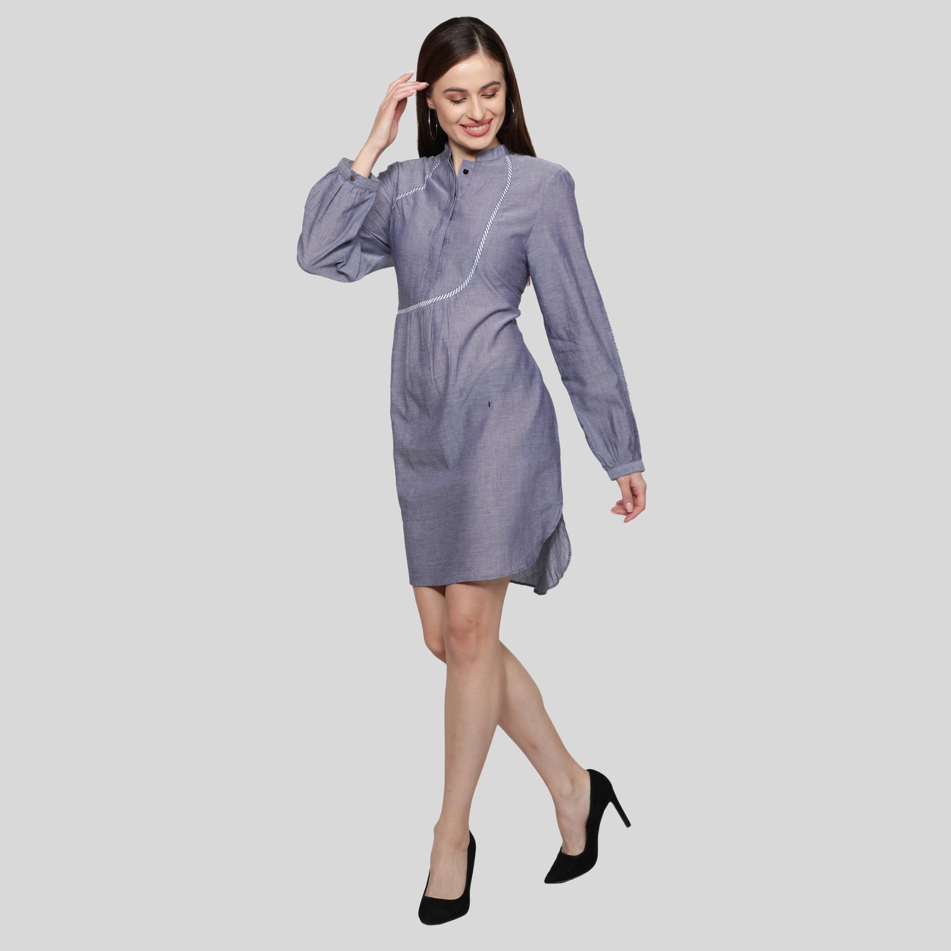 women's dress, blue chambray dress, long sleeves dress for women, cotton dress, designer dress, knee length dress, band collar dress for women, tape designed button women dress