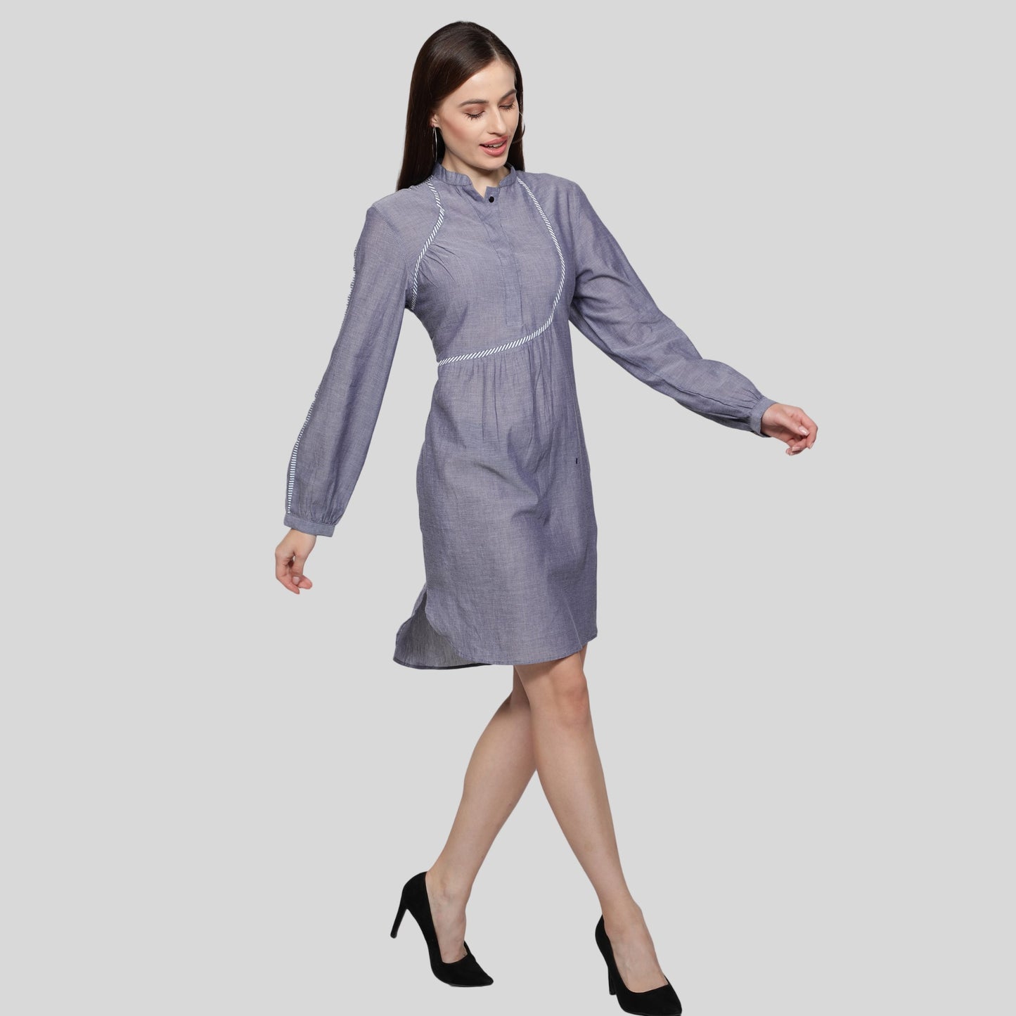 women's dress, blue chambray dress, long sleeves dress for women, cotton dress, designer dress, knee length dress, band collar dress for women, tape designed button women dress