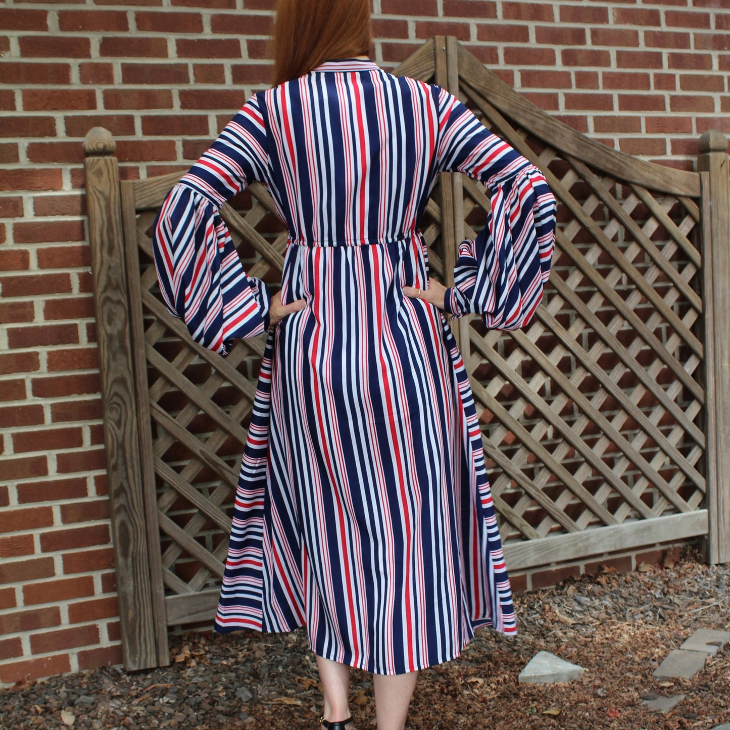 women_dresses  women's_dress  red_stripes_dress  polyester_dress  midi_dress  long_puff_sleeves  long_dress  gift_for_her  flair_dress  dress_for_women  designer_dress  Deep_V_sexy_neck