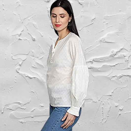 Women's_Casual_Shirt  White_Cotton_Top  Round_Neck_Top  Long_Sleeves_Top  Long_Sleeves_Shirt  Lantern_Sleeves  For_her_Top  For_her_clothing  Cotton_Dobby_Blouse  Casual_women's_Top  Button_Down_Shirt  Button_Blouse