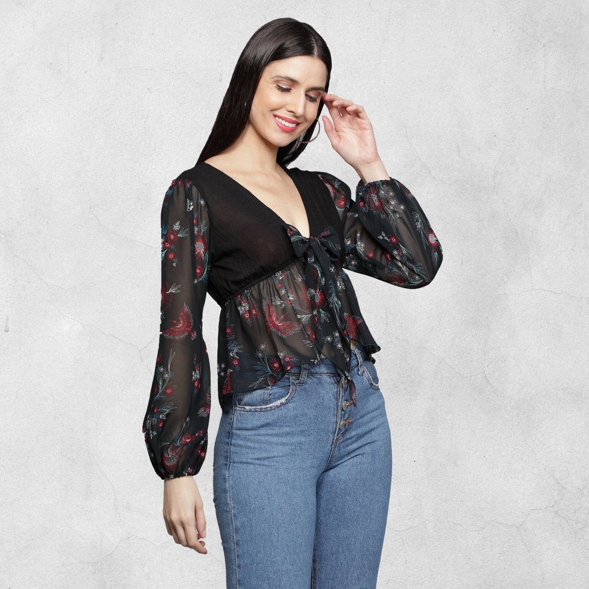 Women's_Black_Top  Top_for_Women  Sexy_Top  Romantic_Top  must_have  Long_Sleeves_Blouse  Long_Sleeves_Black  Georgette_Blouse  for_her_top  Floral_Printed_Top  Bow_tie_top  Black_Top  Black_Printed_Top