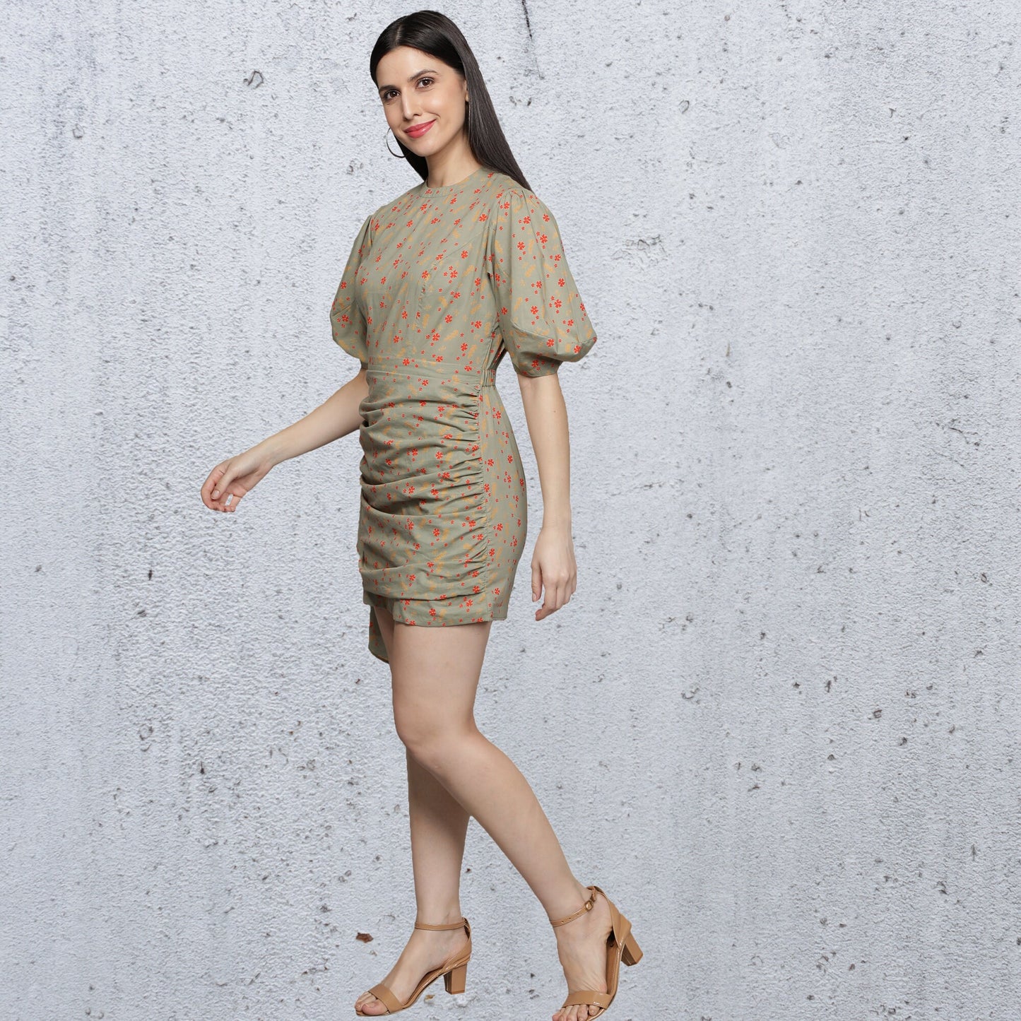Women's_Dress  Short_Dress  Round_Neck  Printed  party_dress  half_puff_sleeves  Green  Gathers  Dresses_for_Women  Designer_dress  Classy  Back_key_hole