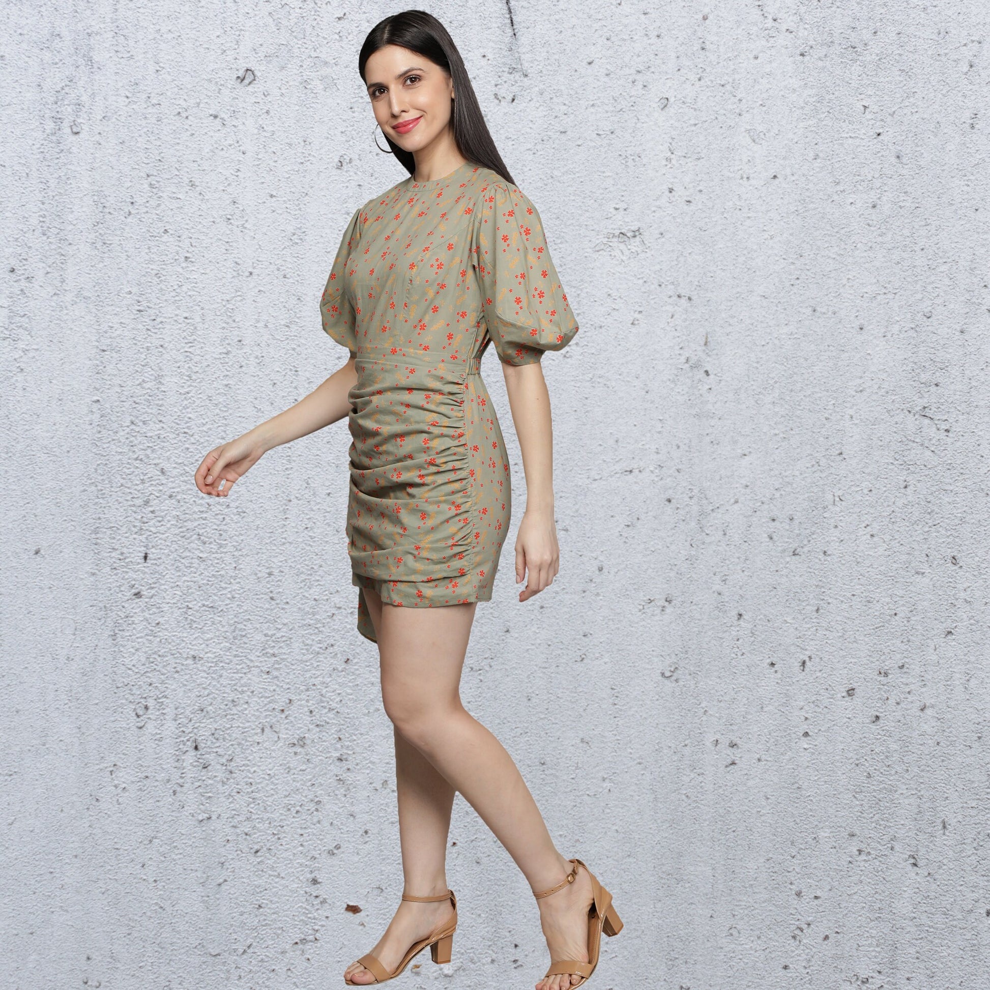 Women's_Dress  Short_Dress  Round_Neck  Printed  party_dress  half_puff_sleeves  Green  Gathers  Dresses_for_Women  Designer_dress  Classy  Back_key_hole