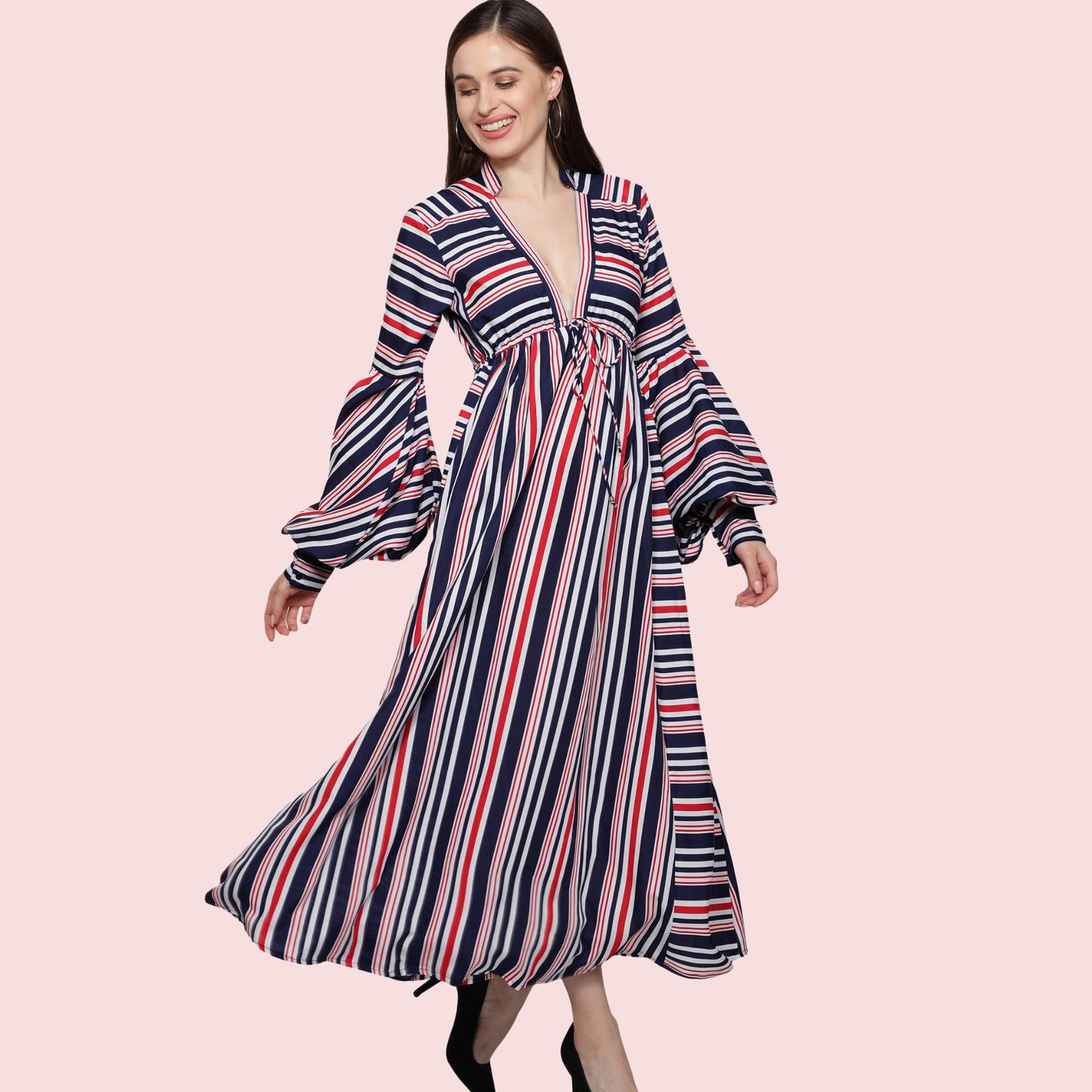 women_dresses  women's_dress  red_stripes_dress  polyester_dress  midi_dress  long_puff_sleeves  long_dress  gift_for_her  flair_dress  dress_for_women  designer_dress  Deep_V_sexy_neck