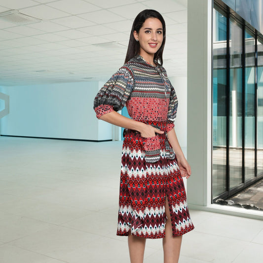 women's_dress  Tie_up_neck  Red_printed_dress  Polyester_dress  pocket_dress_women  multi_colored_dress  Half_sleeves_dress  dress_for_women  designer_dress  back_tie_dress  all_season_dress  All_occasion_dress