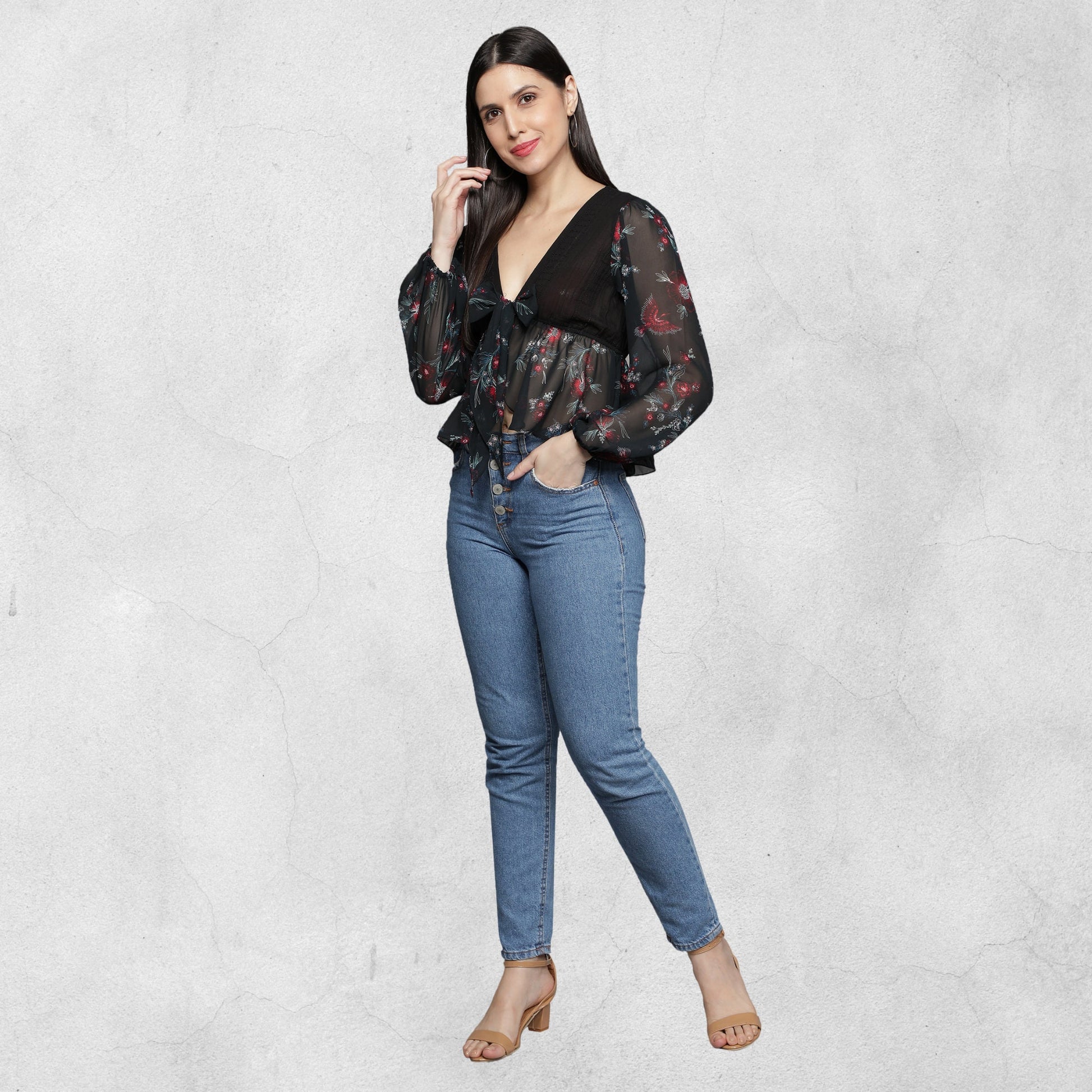 Women's_Black_Top  Top_for_Women  Sexy_Top  Romantic_Top  must_have  Long_Sleeves_Blouse  Long_Sleeves_Black  Georgette_Blouse  for_her_top  Floral_Printed_Top  Bow_tie_top  Black_Top  Black_Printed_Top