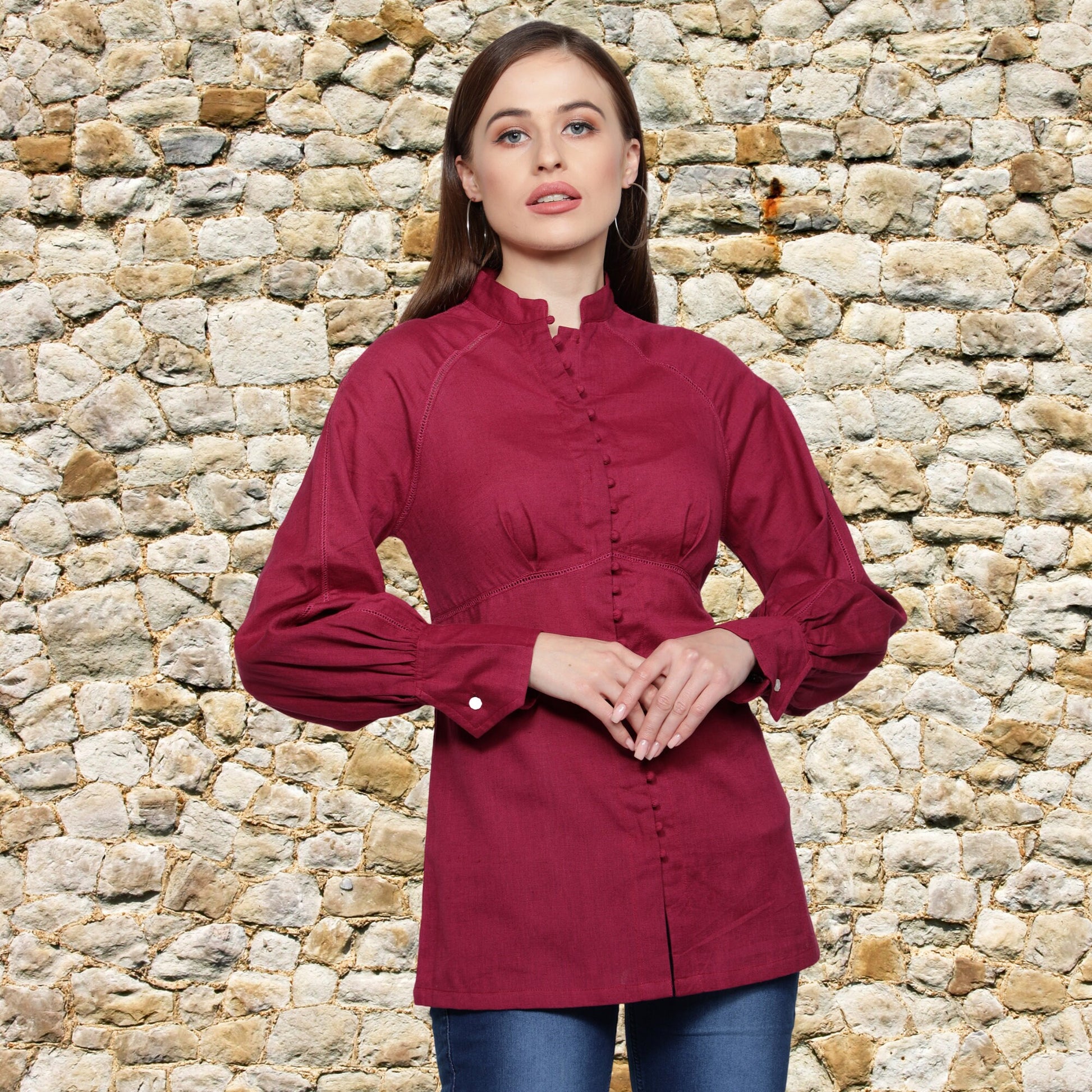 Stylish_cuff_Top  Long_Top  Long_Sleeves_Top  Lace_Top  Hook_and_Eye_Blouse  Fuchsia_Top  Designer_Top  Designer_blouse  Cotton_solid  Boutique_Design  Beautiful_Blouse  Band_collar_Top