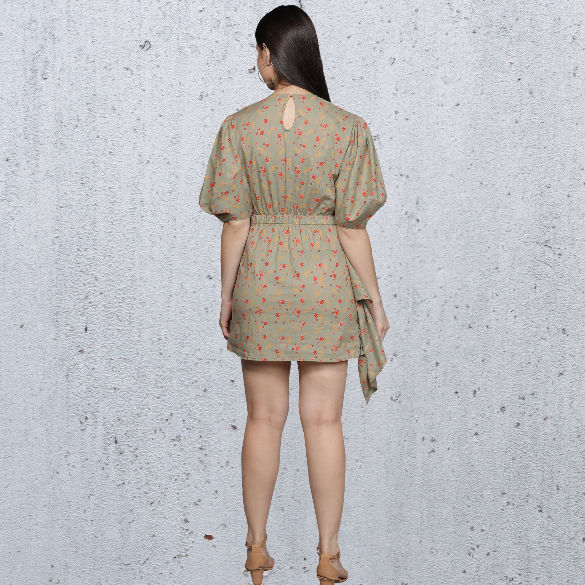 Women's_Dress  Short_Dress  Round_Neck  Printed  party_dress  half_puff_sleeves  Green  Gathers  Dresses_for_Women  Designer_dress  Classy  Back_key_hole