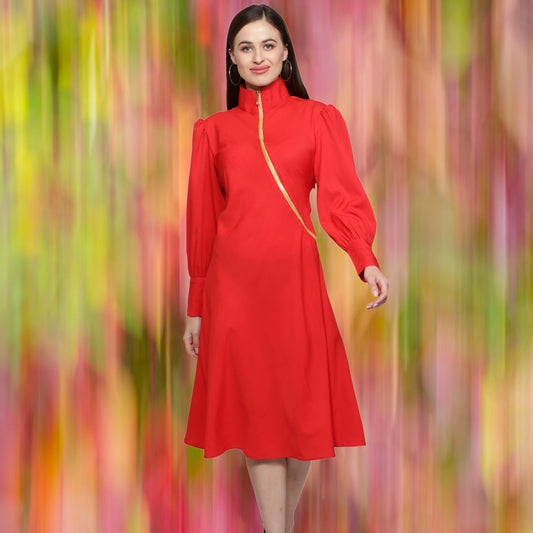 women's_red_dress  Red_women_dress  polyester_dress  Long_sleeves_dress  Golden_zipper_dress  for_her_gift  dress_for_women  designer_red_dress  Below_knee_dress  Beautiful_red_dress  Band_collar_dress