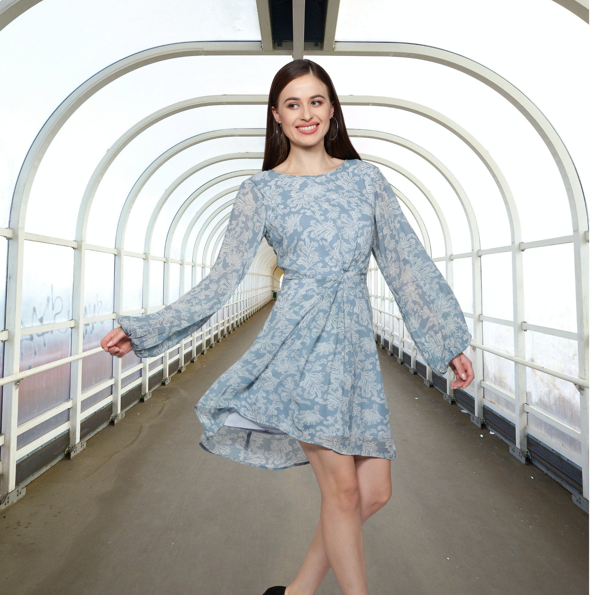 Women's_dress  Sexy_Dress_for_her  Long_Sleeves_Dress  Georgette_Dress  For_her_Gift  Floral_Design_Dress  Dresses_for_Women  Blue printed_Women's_Dress  Blue_short_Dress  Blue_Casual_dress