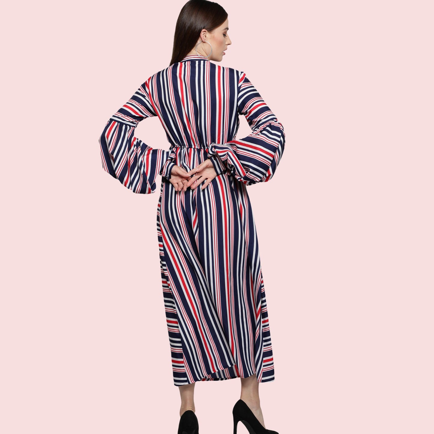 women_dresses  women's_dress  red_stripes_dress  polyester_dress  midi_dress  long_puff_sleeves  long_dress  gift_for_her  flair_dress  dress_for_women  designer_dress  Deep_V_sexy_neck