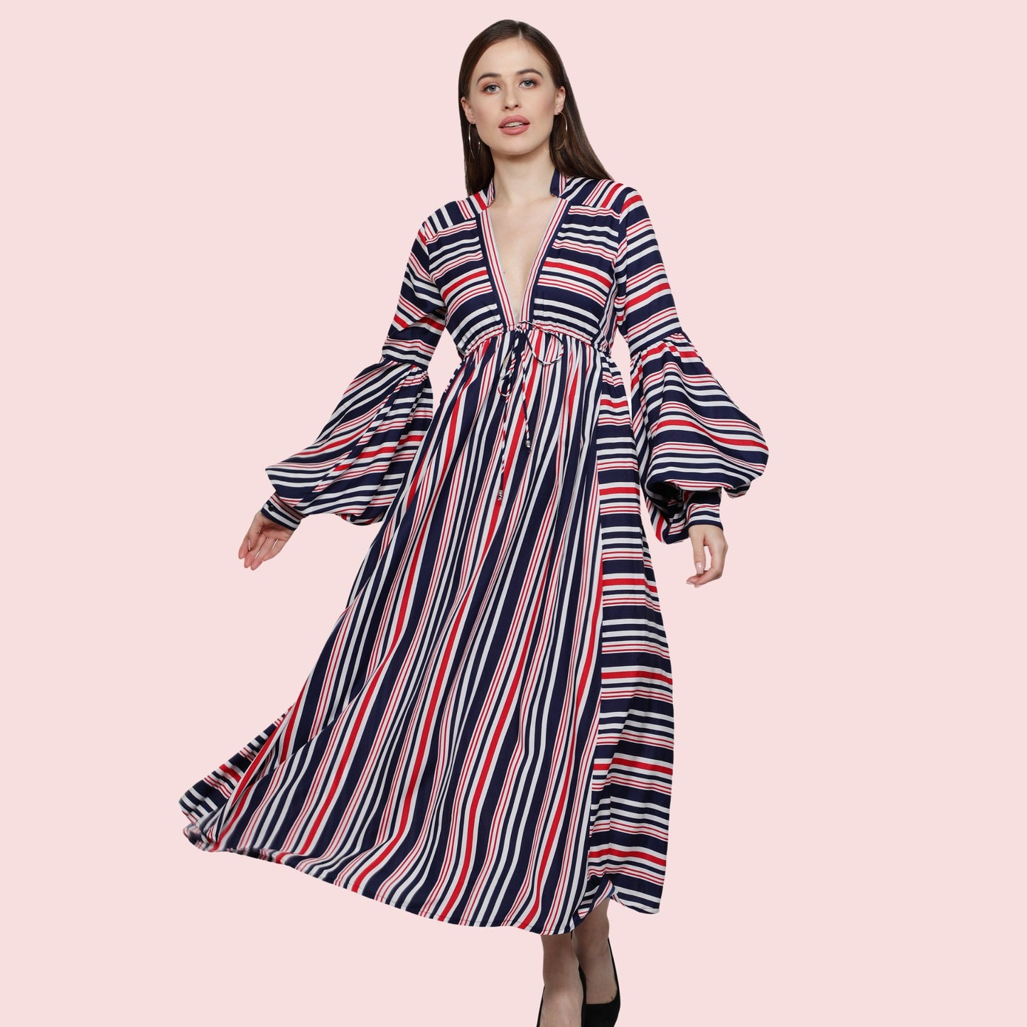 women_dresses  women's_dress  red_stripes_dress  polyester_dress  midi_dress  long_puff_sleeves  long_dress  gift_for_her  flair_dress  dress_for_women  designer_dress  Deep_V_sexy_neck