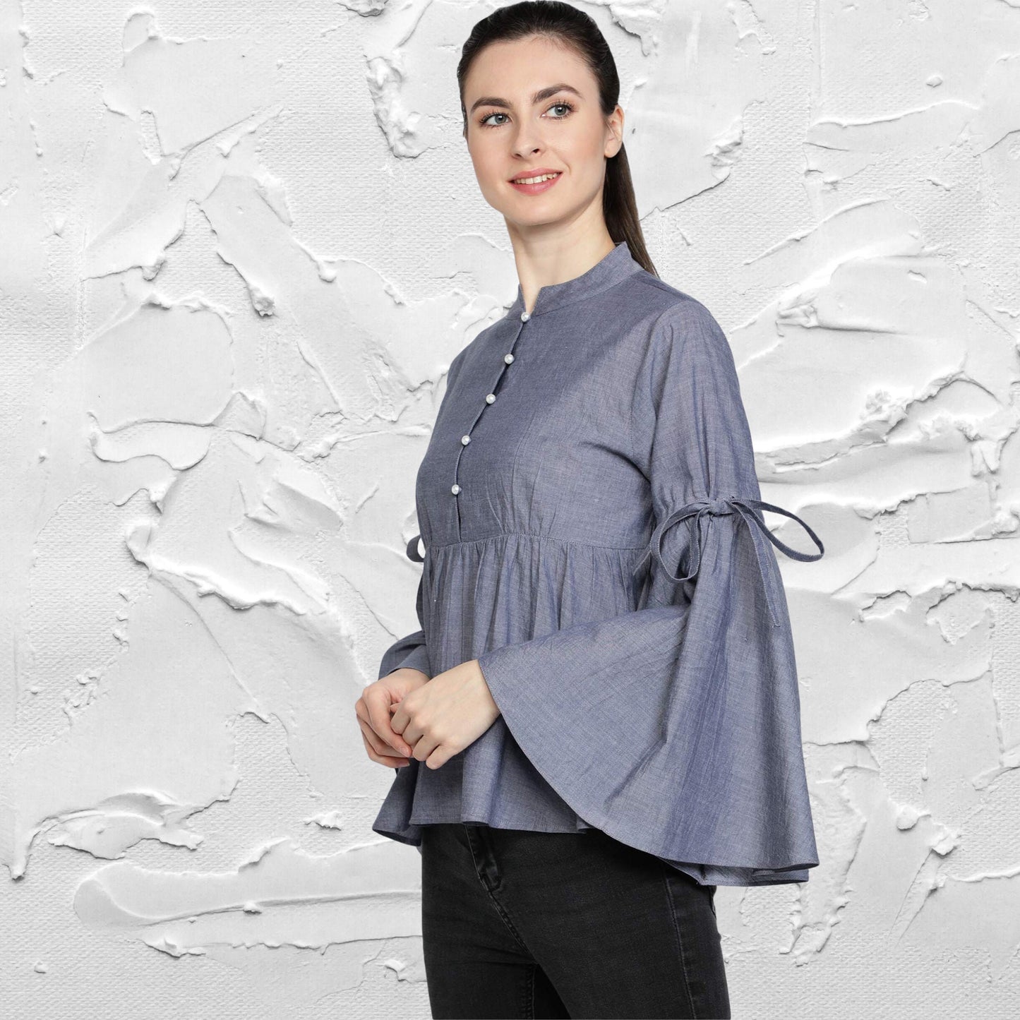 women's_top  Mandarin_Collar_top  Gray_Blouse  gift_for_her  For_her_Top  Designer_Top  designer_shirt  Cotton_top  Chambray_top  Casual_women's_Top  button_down_top  Button_Blouse  Bell_Sleeves