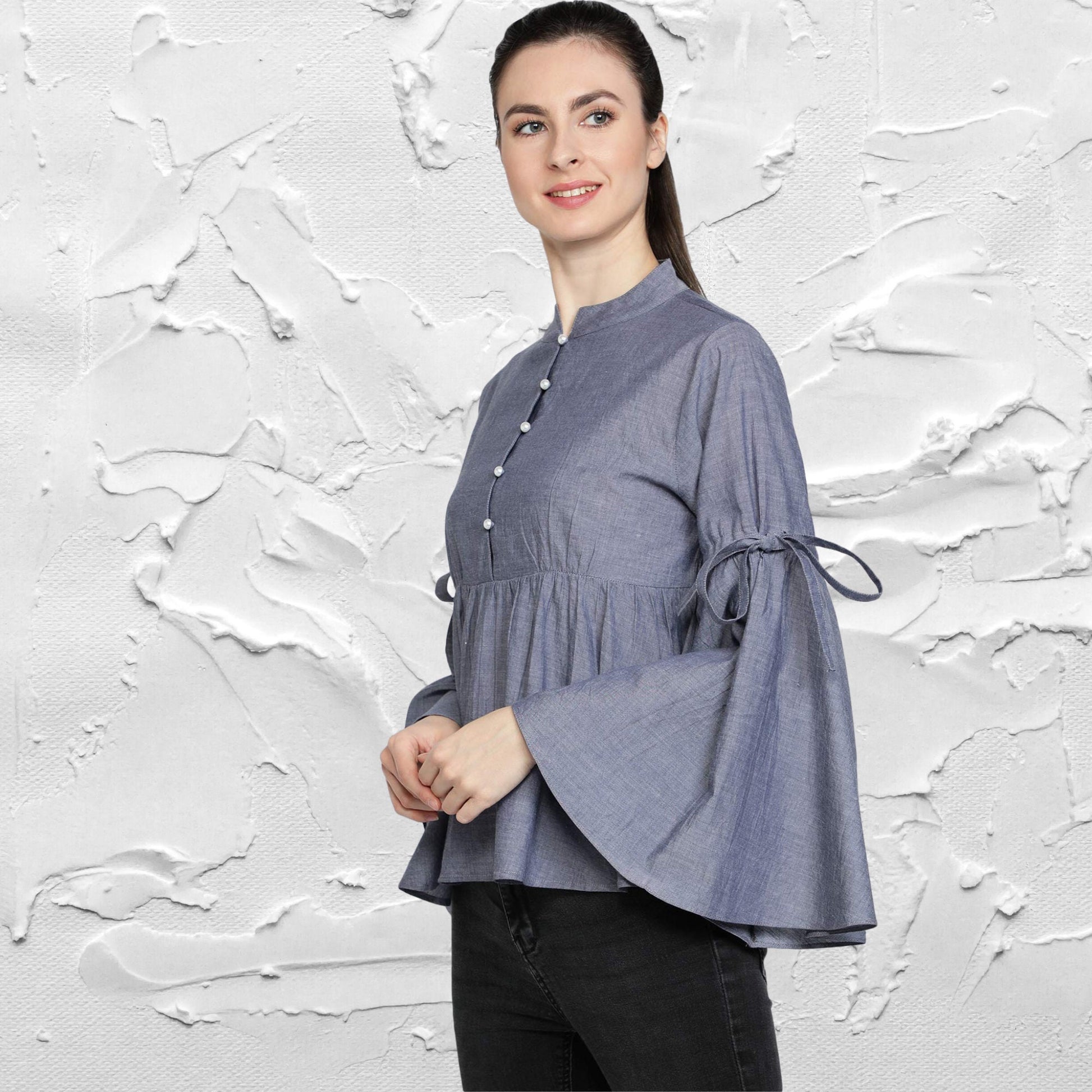 women's_top  Mandarin_Collar_top  Gray_Blouse  gift_for_her  For_her_Top  Designer_Top  designer_shirt  Cotton_top  Chambray_top  Casual_women's_Top  button_down_top  Button_Blouse  Bell_Sleeves