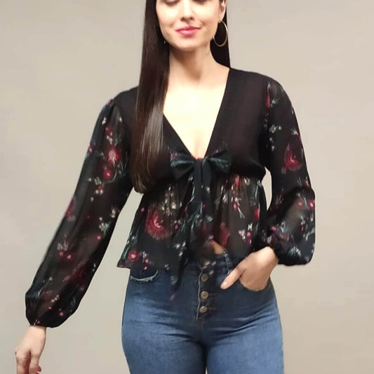 Women's_Black_Top  Top_for_Women  Sexy_Top  Romantic_Top  must_have  Long_Sleeves_Blouse  Long_Sleeves_Black  Georgette_Blouse  for_her_top  Floral_Printed_Top  Bow_tie_top  Black_Top  Black_Printed_Top