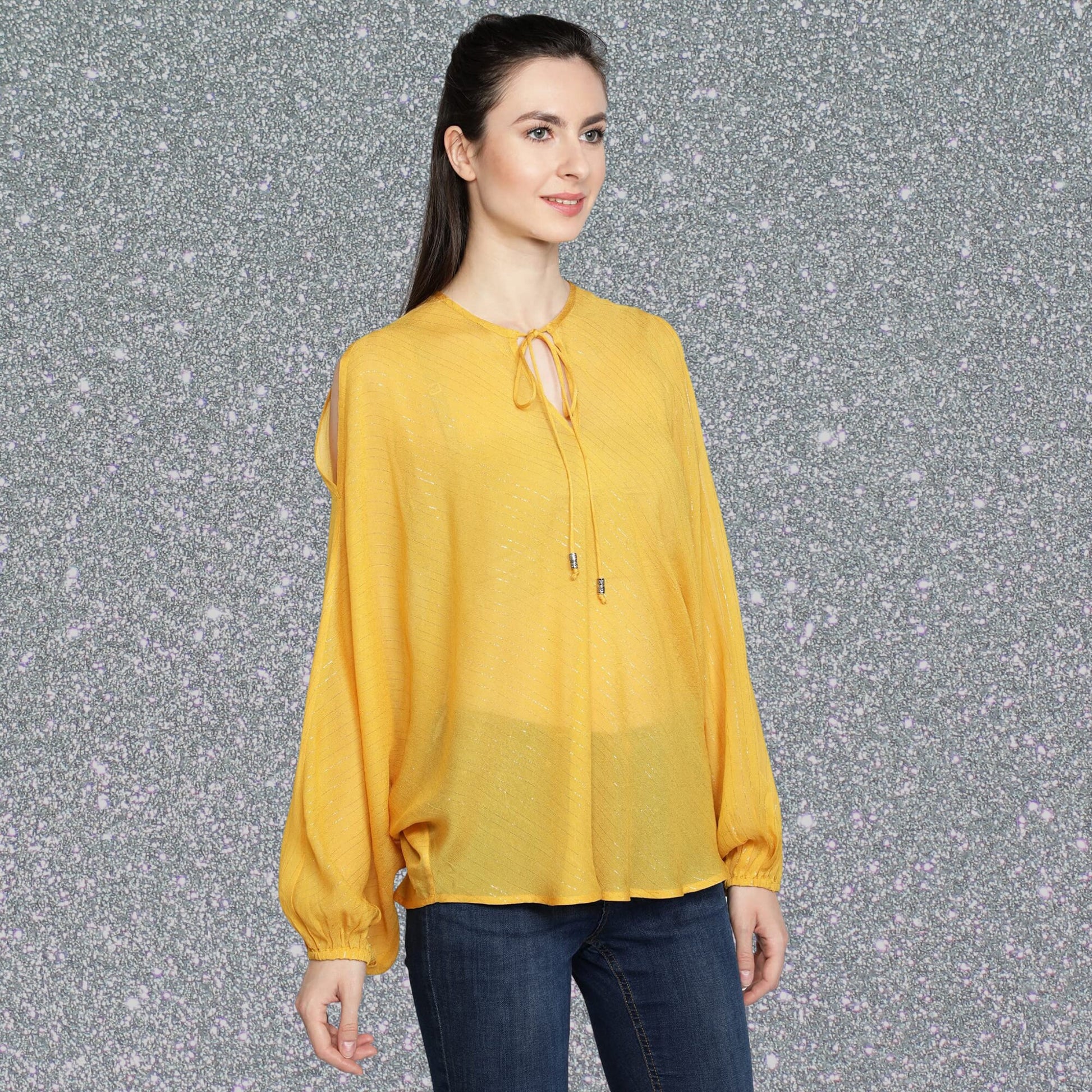 yellow_top  tie_up_top  spring_summer_top  round_neck_top  long_sleeves_top  Kaftan_Georgette_top  cold_shoulder_top