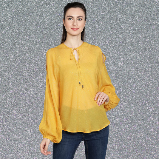 yellow_top  tie_up_top  spring_summer_top  round_neck_top  long_sleeves_top  Kaftan_Georgette_top  cold_shoulder_top