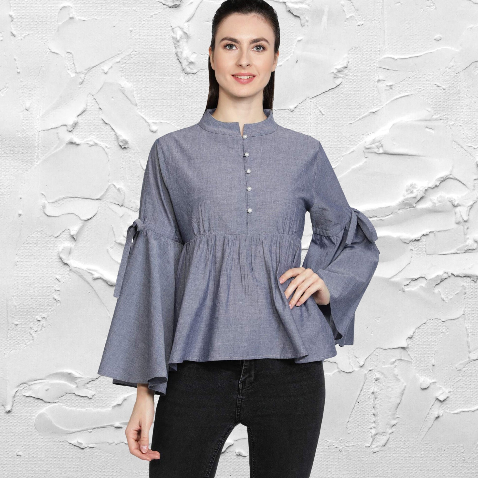 women's_top  Mandarin_Collar_top  Gray_Blouse  gift_for_her  For_her_Top  Designer_Top  designer_shirt  Cotton_top  Chambray_top  Casual_women's_Top  button_down_top  Button_Blouse  Bell_Sleeves