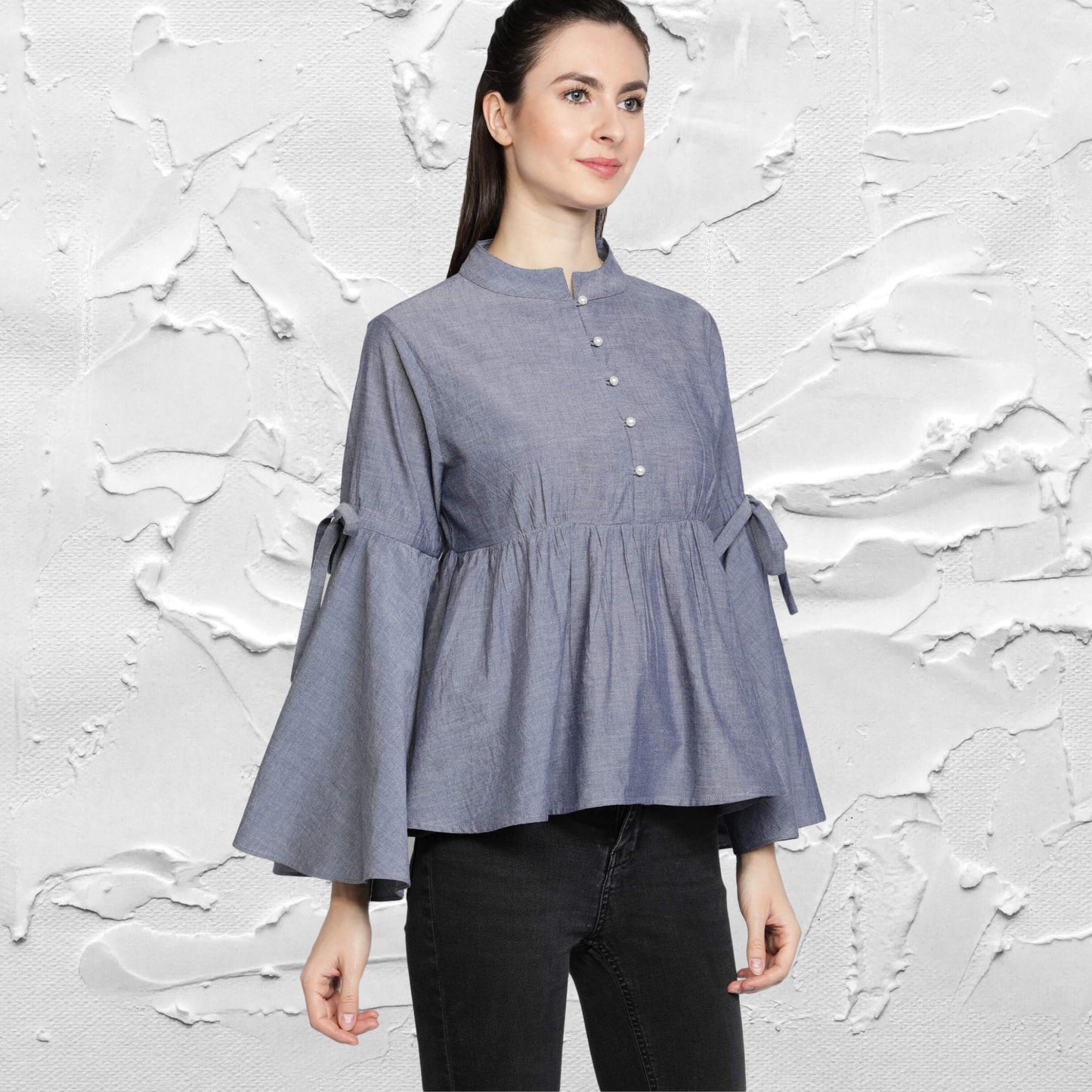 women's_top  Mandarin_Collar_top  Gray_Blouse  gift_for_her  For_her_Top  Designer_Top  designer_shirt  Cotton_top  Chambray_top  Casual_women's_Top  button_down_top  Button_Blouse  Bell_Sleeves