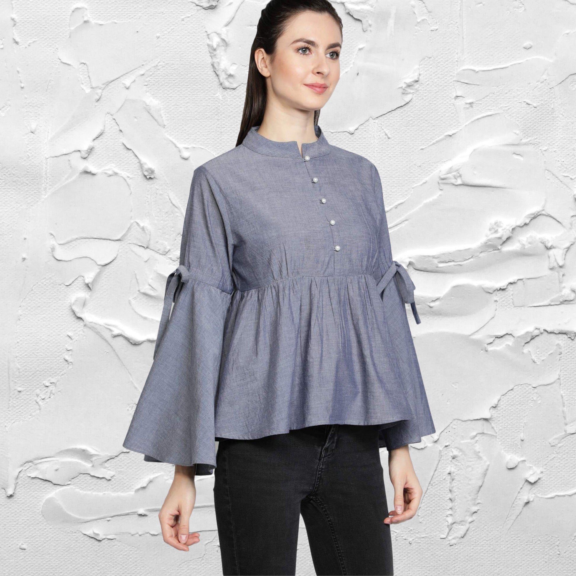 women's_top  Mandarin_Collar_top  Gray_Blouse  gift_for_her  For_her_Top  Designer_Top  designer_shirt  Cotton_top  Chambray_top  Casual_women's_Top  button_down_top  Button_Blouse  Bell_Sleeves