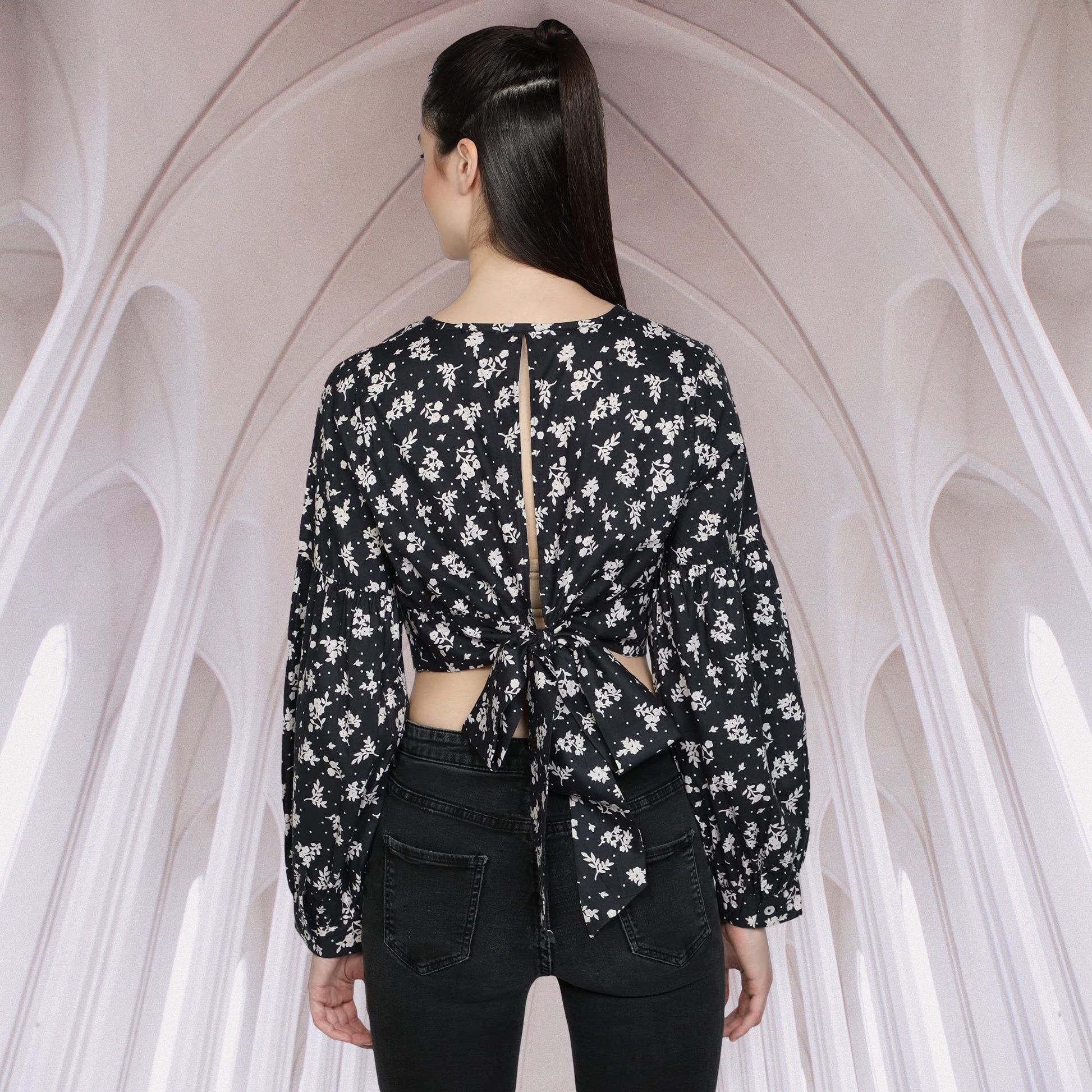Top_for_Women  short_sexy_blouse  Sexy_Top  Romantic_Top  long_sleeves_top  Long_Sleeves_Blouse  for_her_top  Floral_Printed_Top  floral_print_top  designer_top  Cotton_printed_top  Bow_tie_top  Black_Printed_Top