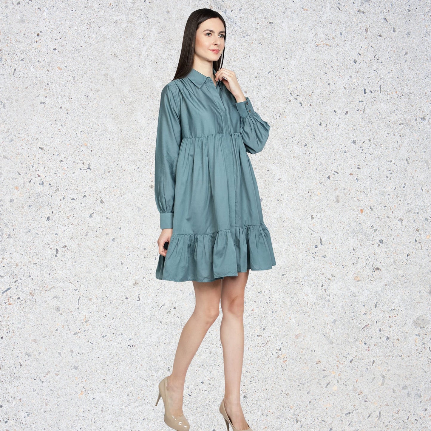 Tiered_dress  shirt_dress_women  placket_open_dress  long_sleeves_dress  knee_length_dress  good_for_all_seasons  dresses_for_women  collared_shirt_dress  blue_shirt_dress  Blue_cotton_dress